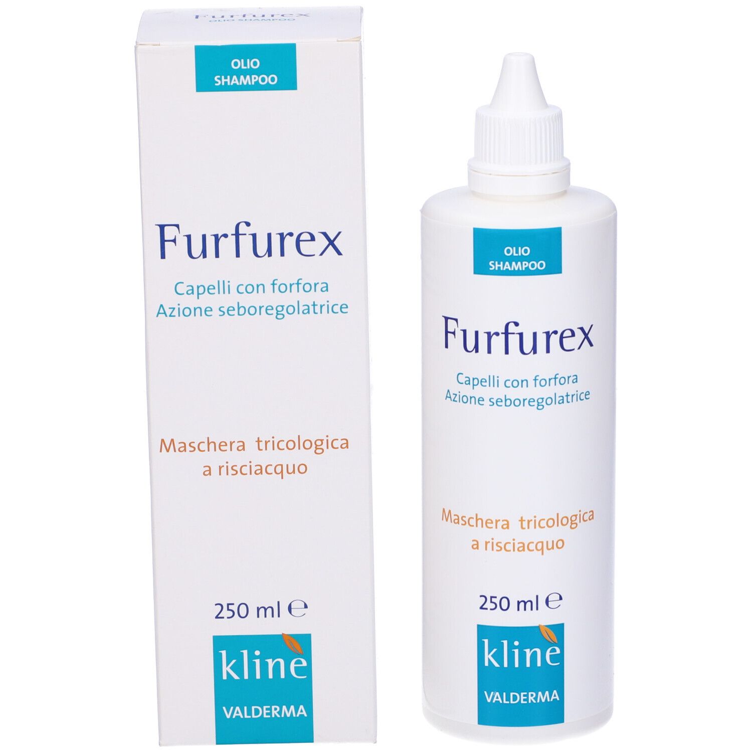 Flacone e confezione di shampoo Furfurex. Bianco, con nome del prodotto e informazioni sull'uso.