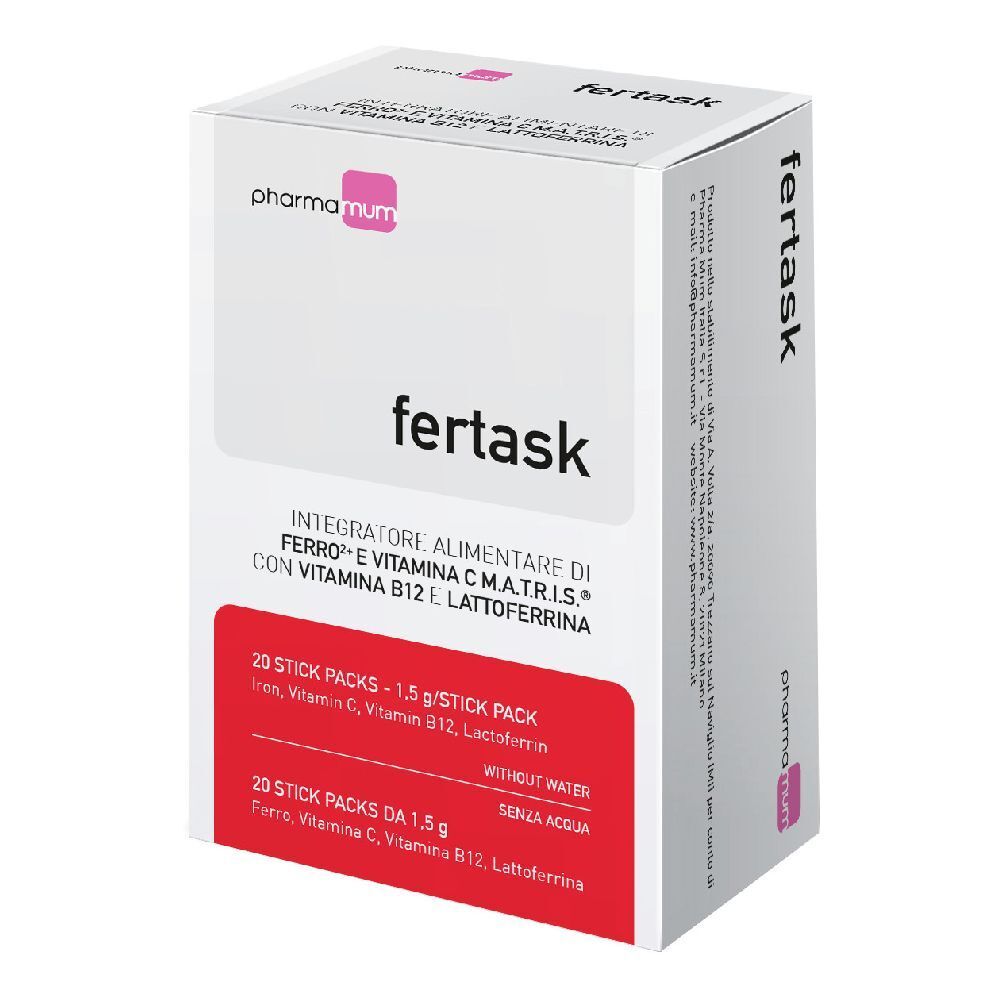 Scatola "fertask" con logo "pharma mum". Contiene 20 stick pack. Riquadri rossi con informazioni sul prodotto.