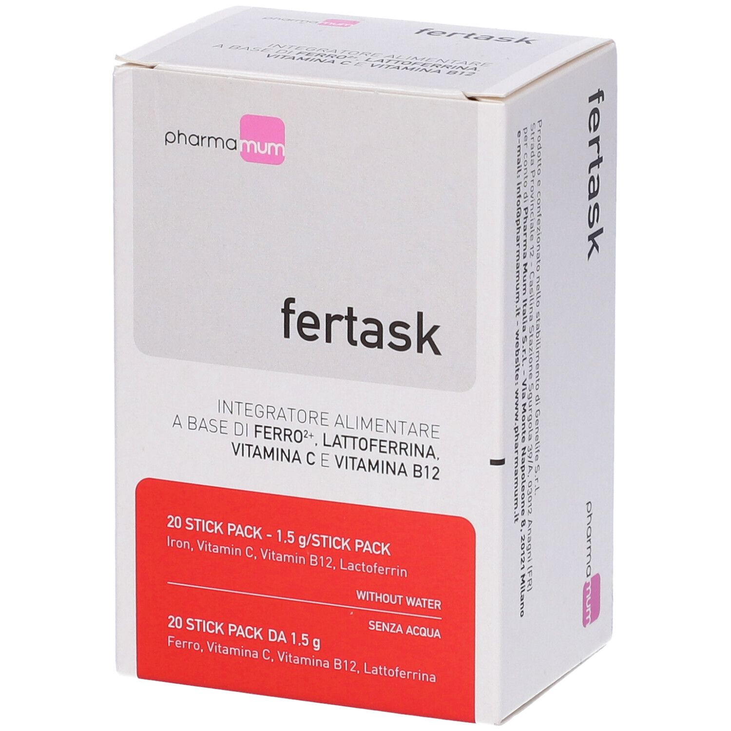 Scatola "fertask" con logo "pharma mum". Riquadro rosso con testo: 20 stick, ingredienti. Sfondo bianco.