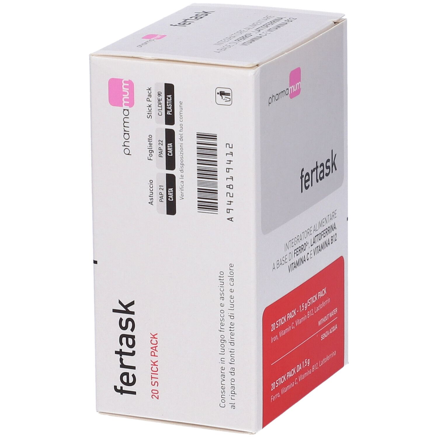 Scatola "fertask" con logo "pharma mum". Retro con testo e codice a barre. Contiene 20 stick.