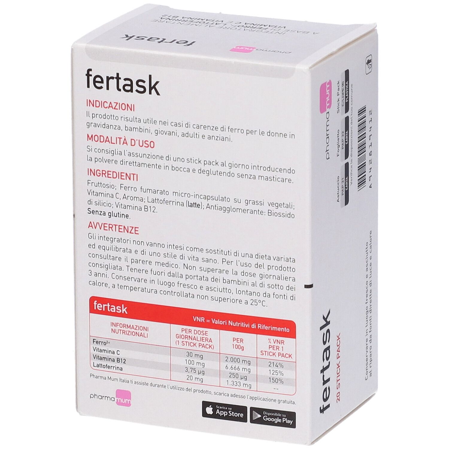 Scatola "fertask" con logo "pharma mum". Retro con testo, informazioni nutrizionali e indicazione app. 20 stick.