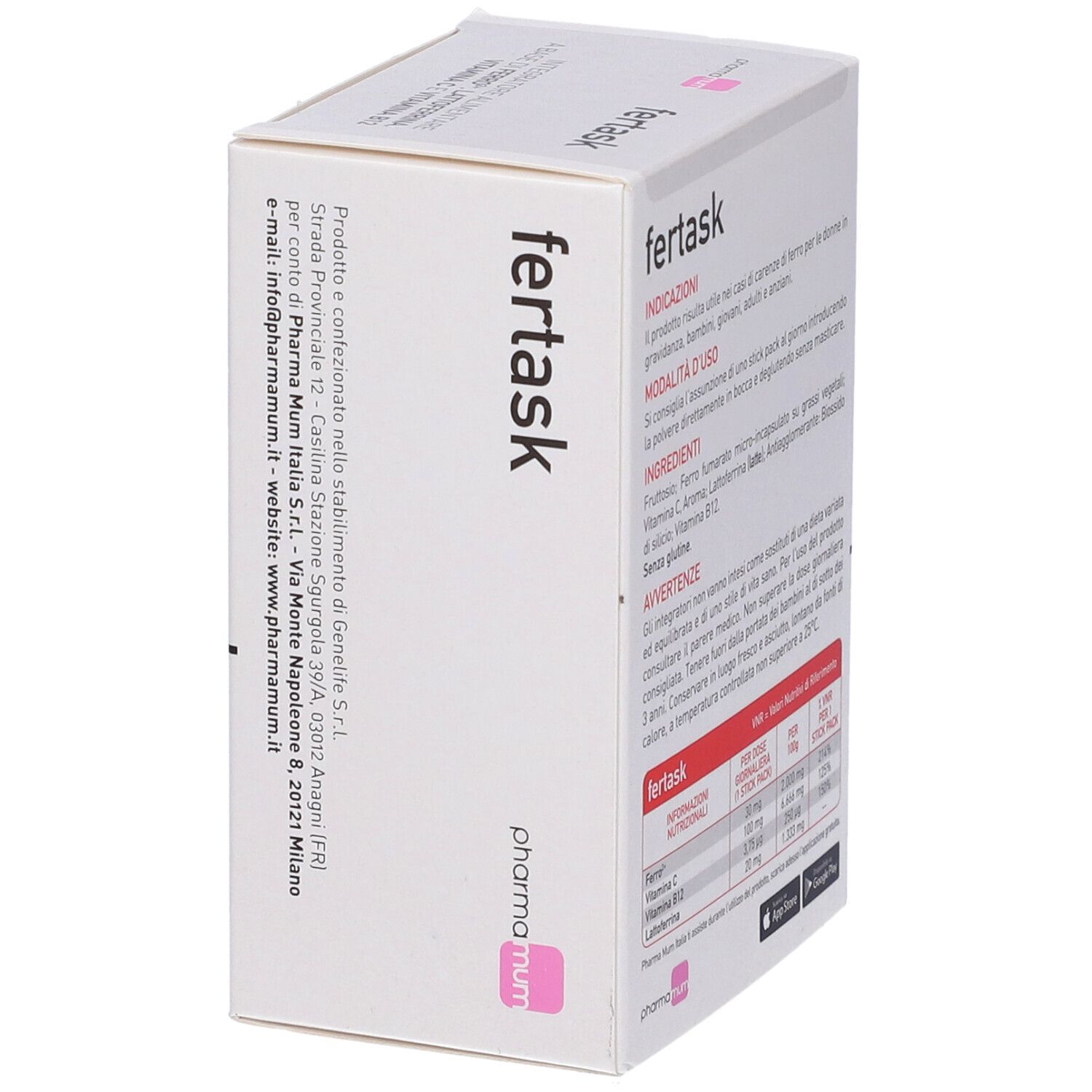 Scatola "fertask" con logo "pharma mum". Retro con testo, contatti e indicazione app. 20 stick.