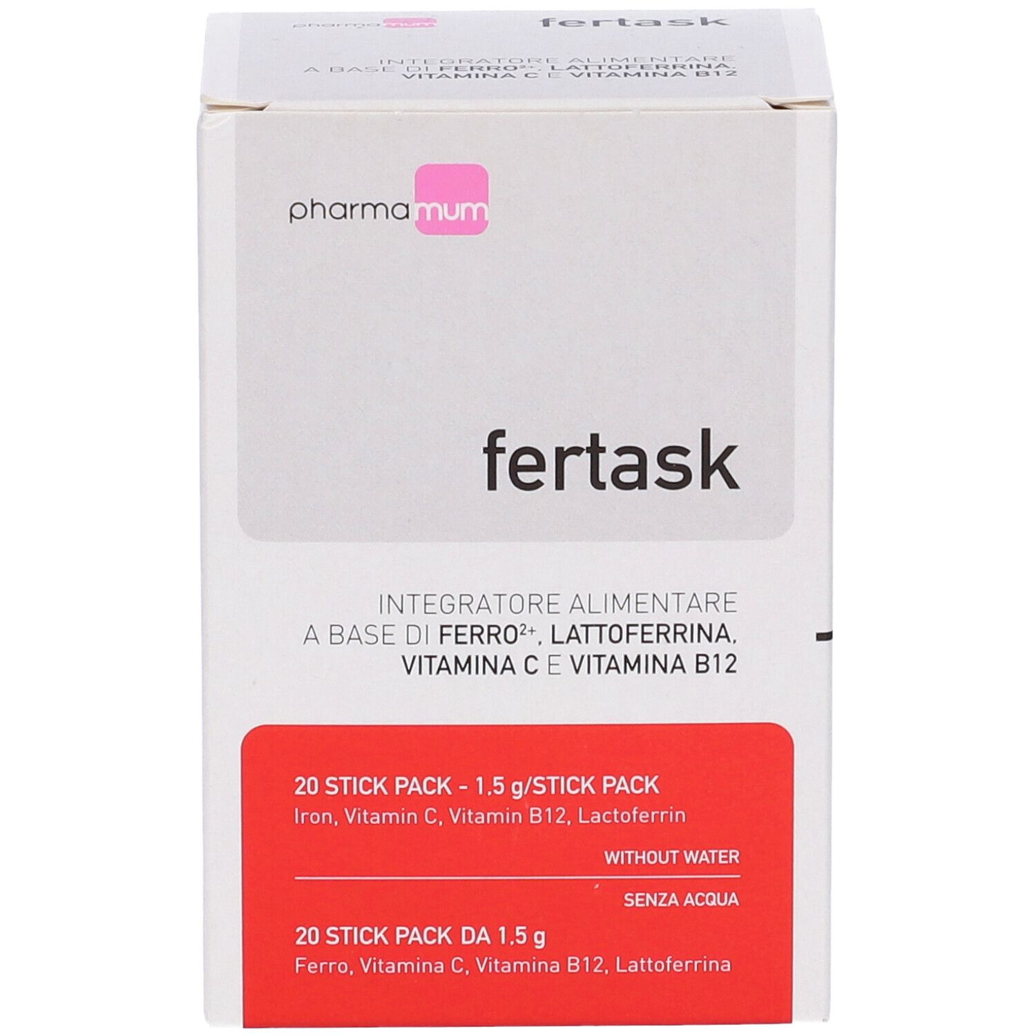 Scatola "fertask" con logo "pharma mum". Riquadro rosso con testo: 20 stick, ingredienti. Sfondo bianco.