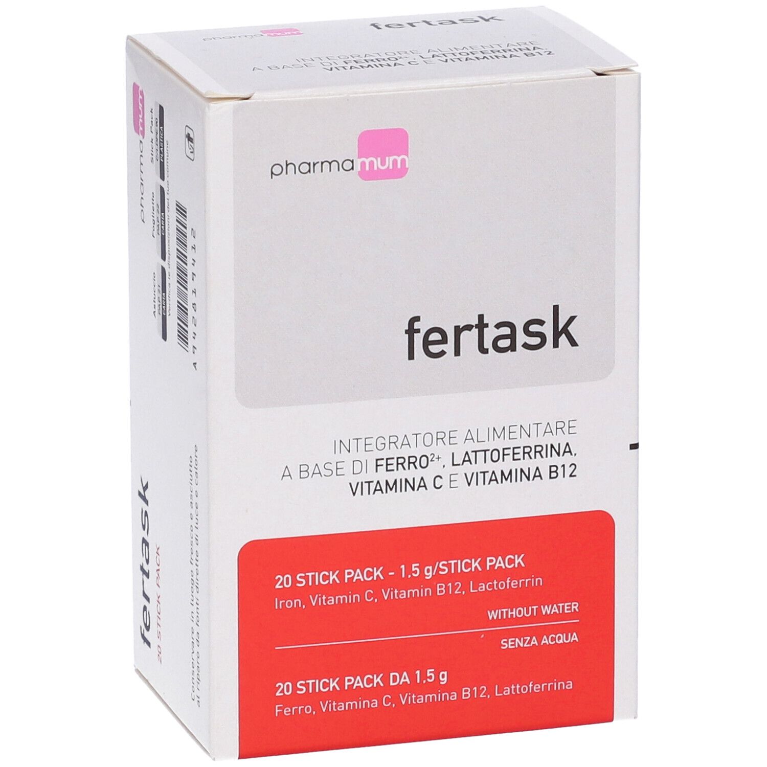 Scatola "fertask" con logo "pharma mum". Riquadro rosso con testo: 20 stick, ingredienti. Sfondo bianco.