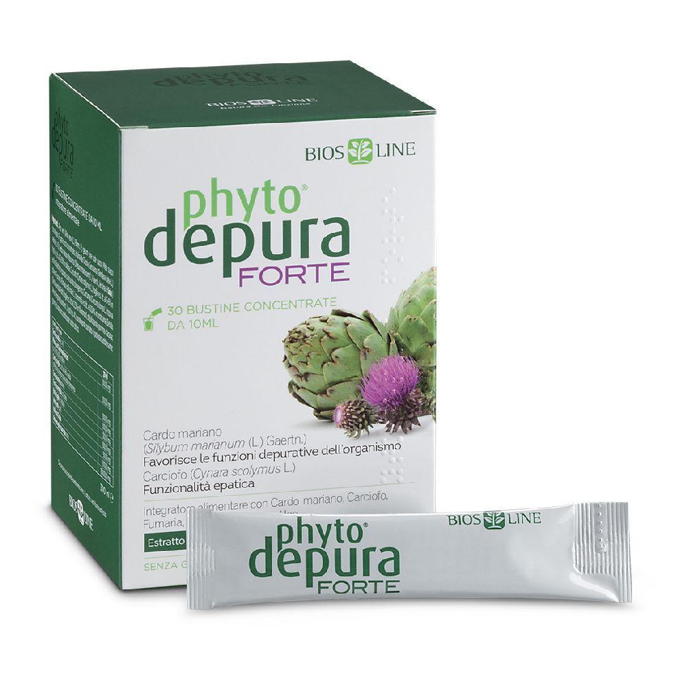 Scatola PhytoDepura Forte BIOSLINE e bustina. La scatola mostra carciofi e informazioni sul prodotto.