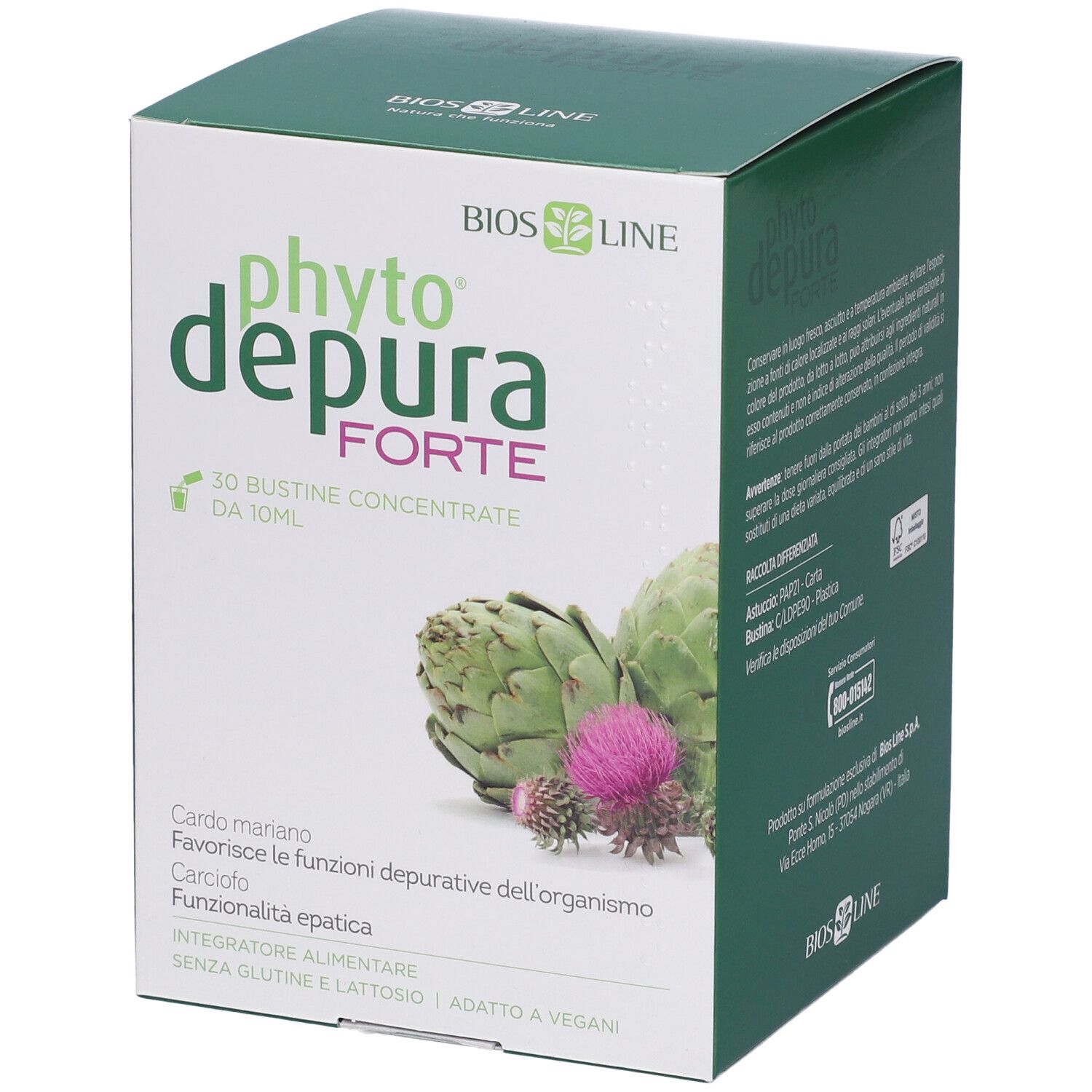 Scatola PhytoDepura Forte BIOSLINE. Illustrazioni di carciofi e informazioni sul prodotto.