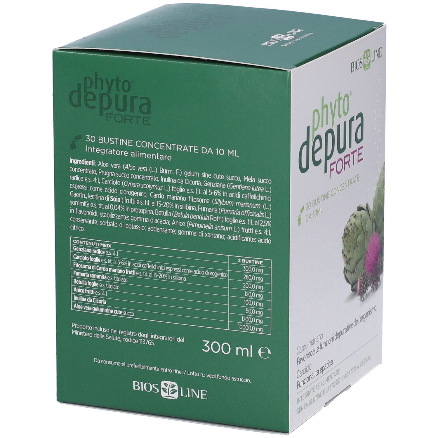 Retro della scatola PhytoDepura Forte BIOSLINE. Contiene ingredienti, informazioni nutrizionali e dettagli.