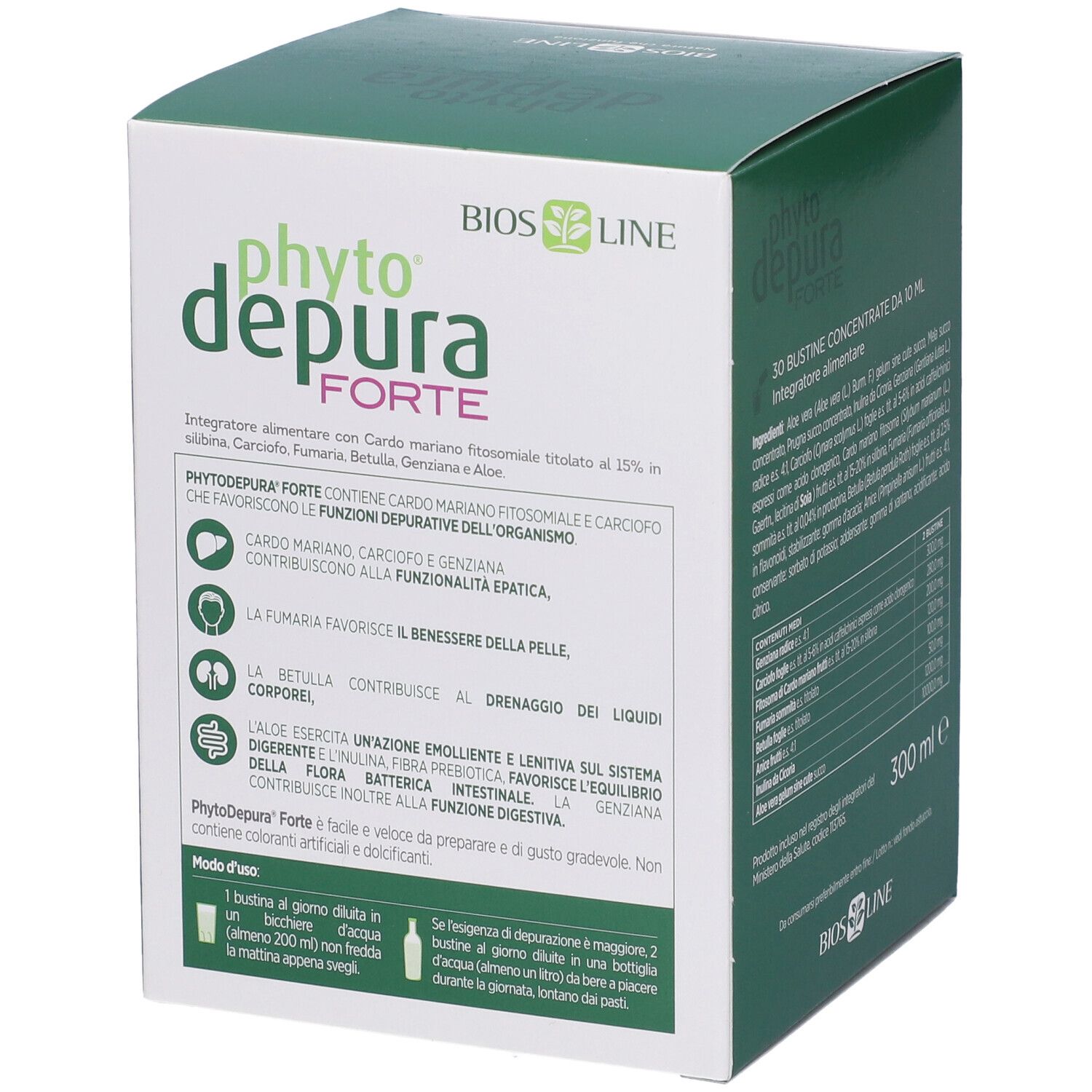 Retro della scatola PhytoDepura Forte BIOSLINE. Contiene informazioni sull'uso e sugli ingredienti.