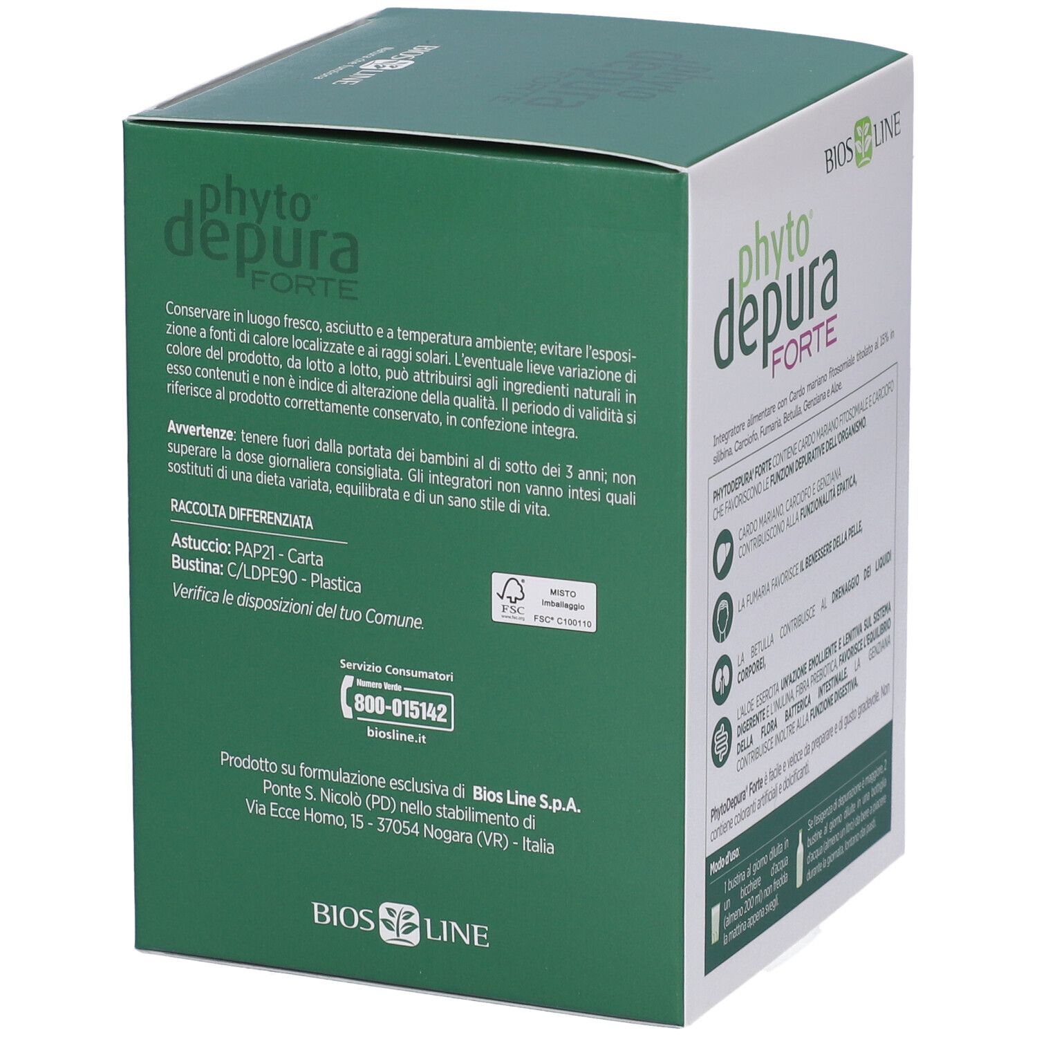 Retro della scatola PhytoDepura Forte BIOSLINE. Informazioni di conservazione e produttore.