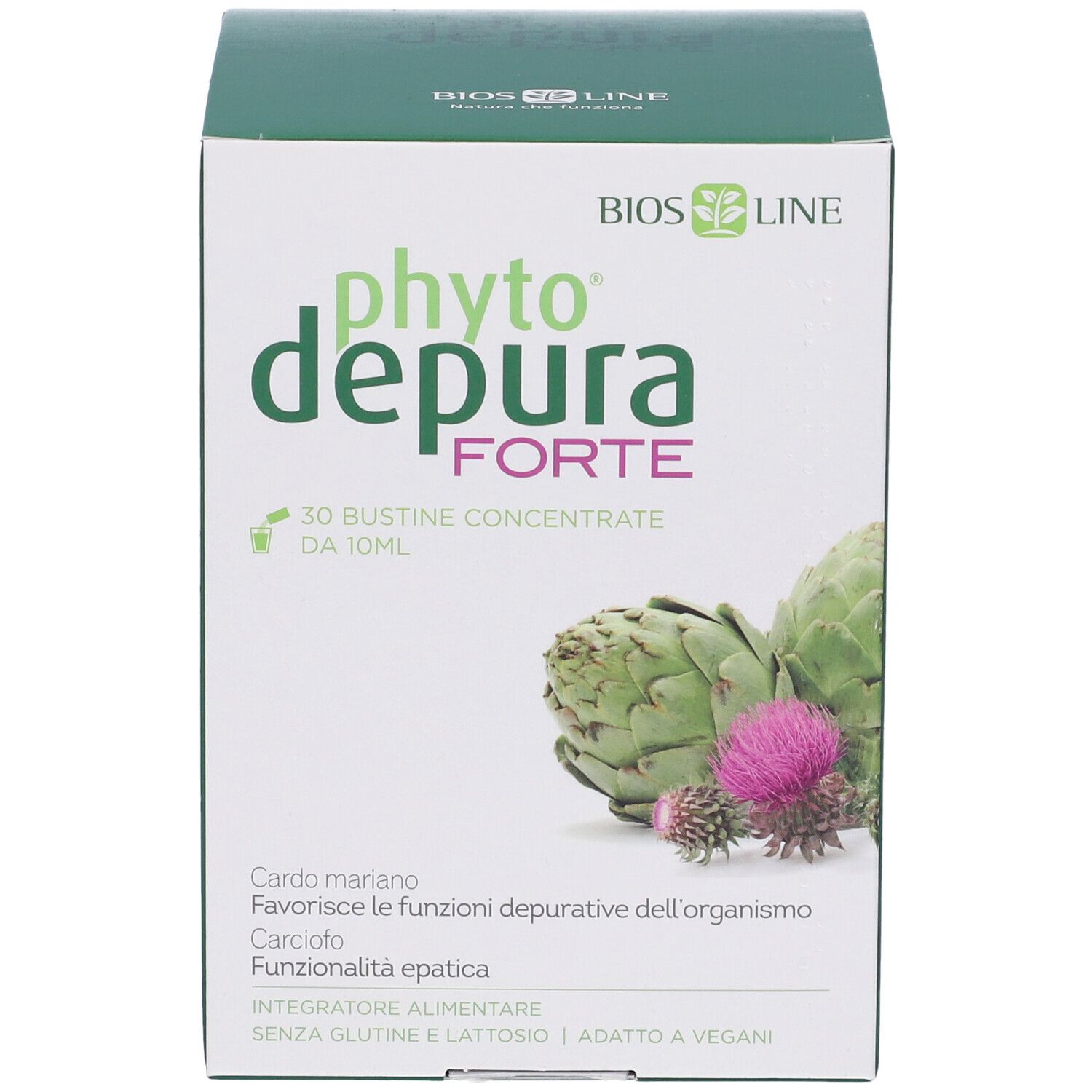 Fronte della scatola PhytoDepura Forte BIOSLINE. Nome del prodotto, illustrazione di carciofi e informazioni.