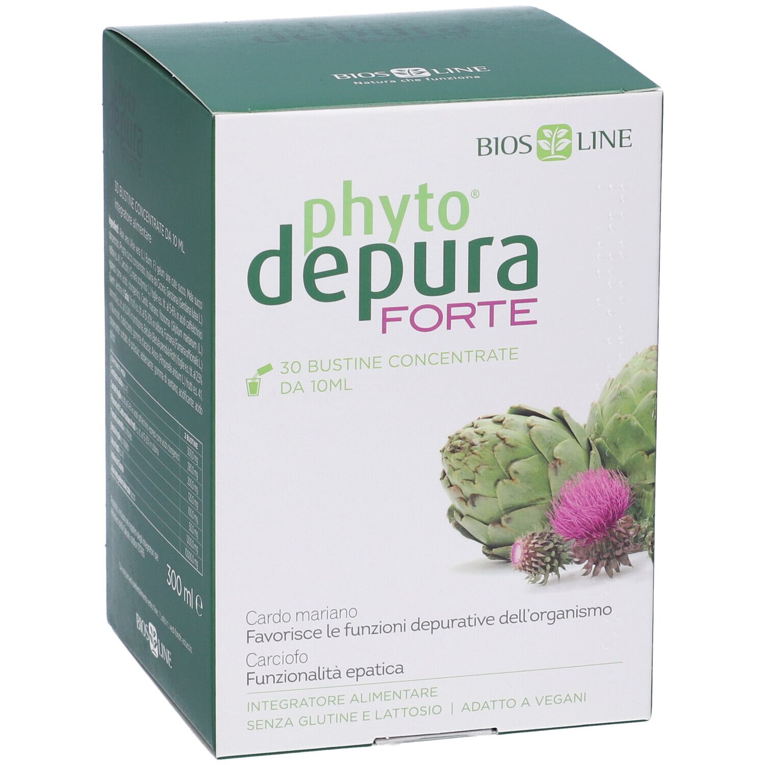 Scatola PhytoDepura Forte BIOSLINE. Nome del prodotto, illustrazione di carciofi e informazioni.
