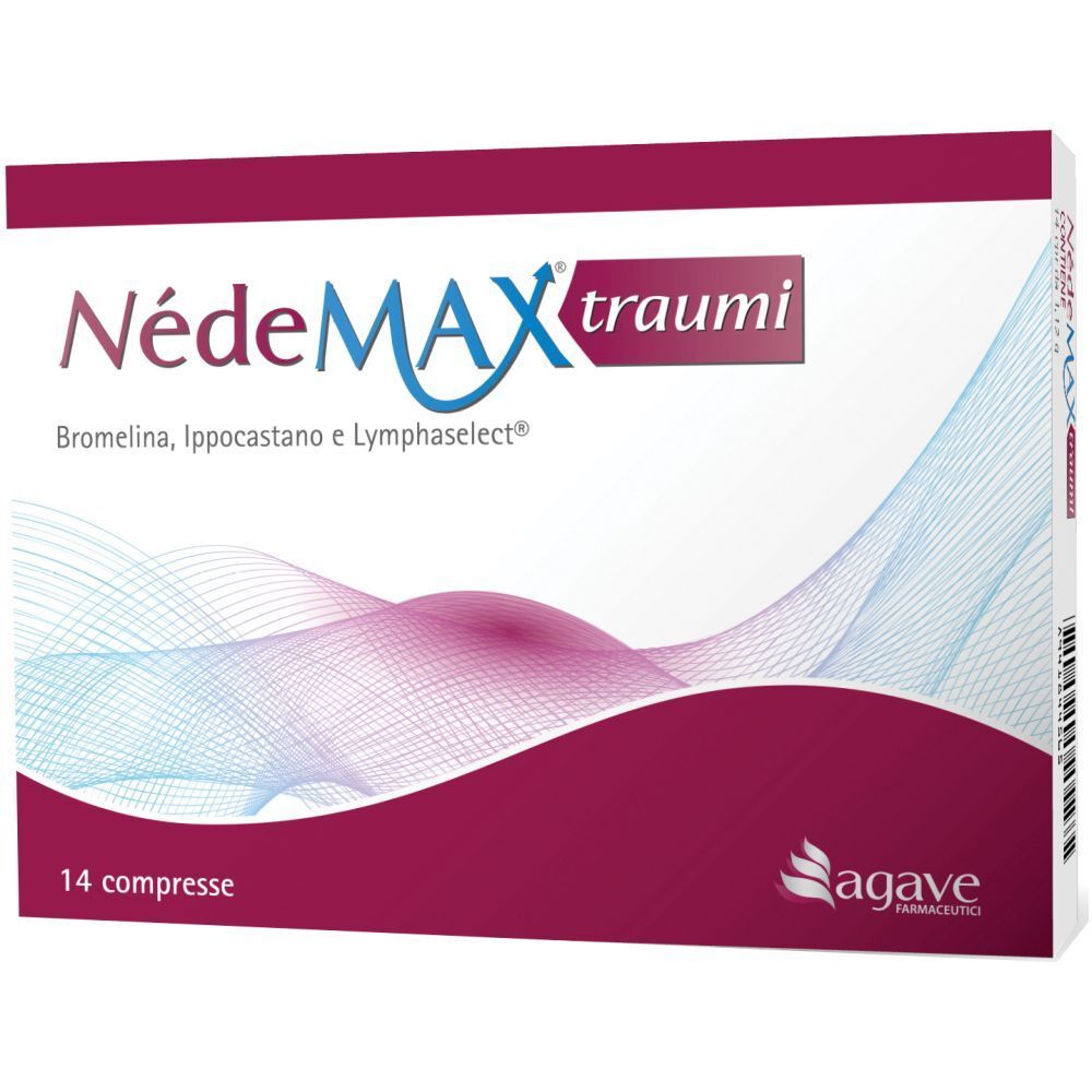 Confezione di NédeMAX traumi. Scritta: 14 compresse. Contiene bromelina, ippocastano e Lymphaselect.