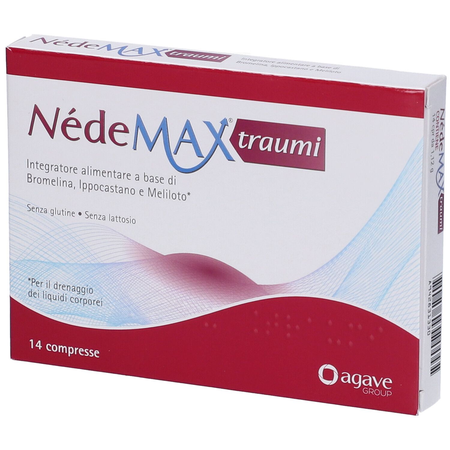 Confezione di NédeMAX traumi. Contiene 14 compresse. Scritta: Senza glutine, senza lattosio. Logo Agave.