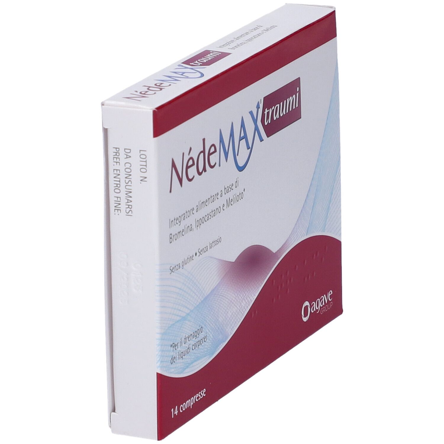 Vista obliqua della confezione NédeMAX traumi. Scritta: 14 compresse. Logo Agave. Testo: Senza glutine, senza lattosio.