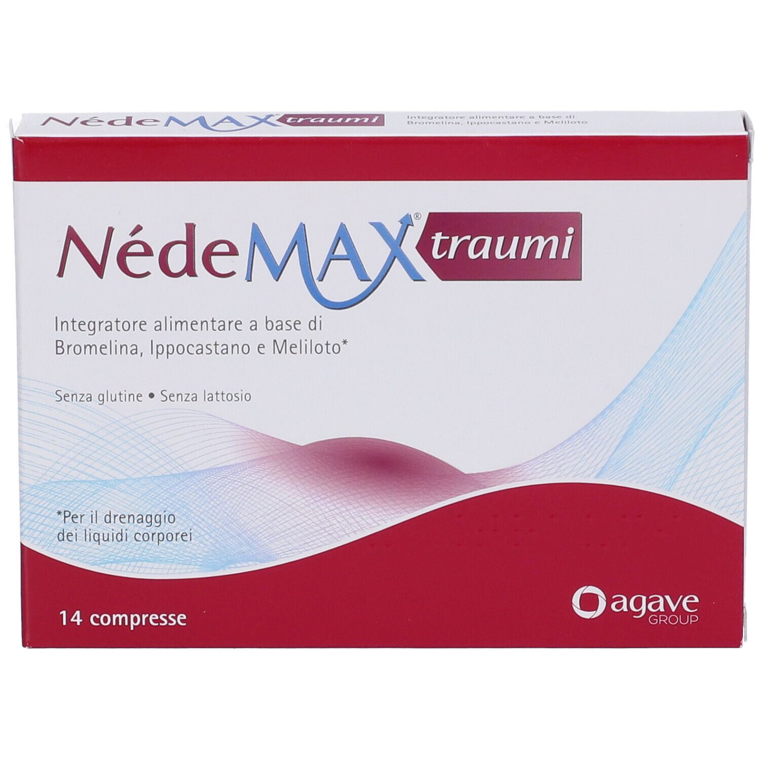 Confezione NédeMAX traumi. Scritta: 14 compresse. Contiene bromelina, ippocastano e meliloto. Senza glutine, senza lattosio.