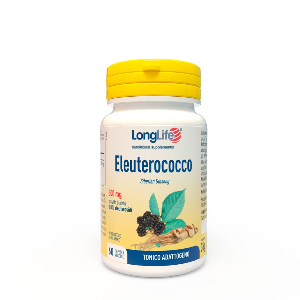 Flacone bianco con tappo giallo. Scritta: LongLife Eleuterococco, 60 capsule. Illustrazione di foglie e bacche.