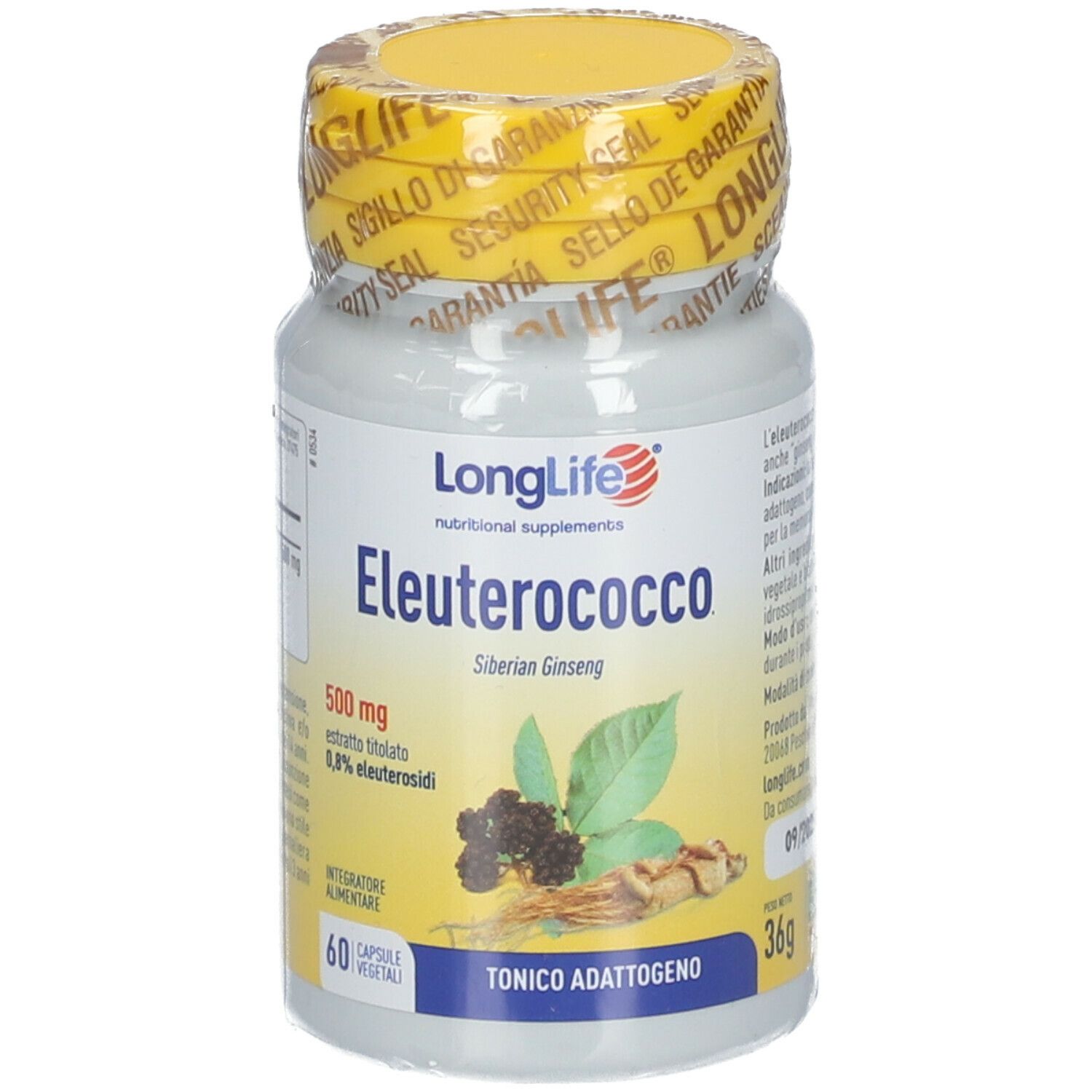 Flacone bianco con tappo e sigillo gialli. Scritta: LongLife Eleuterococco, 60 capsule. Illustrazione di foglie e bacche.