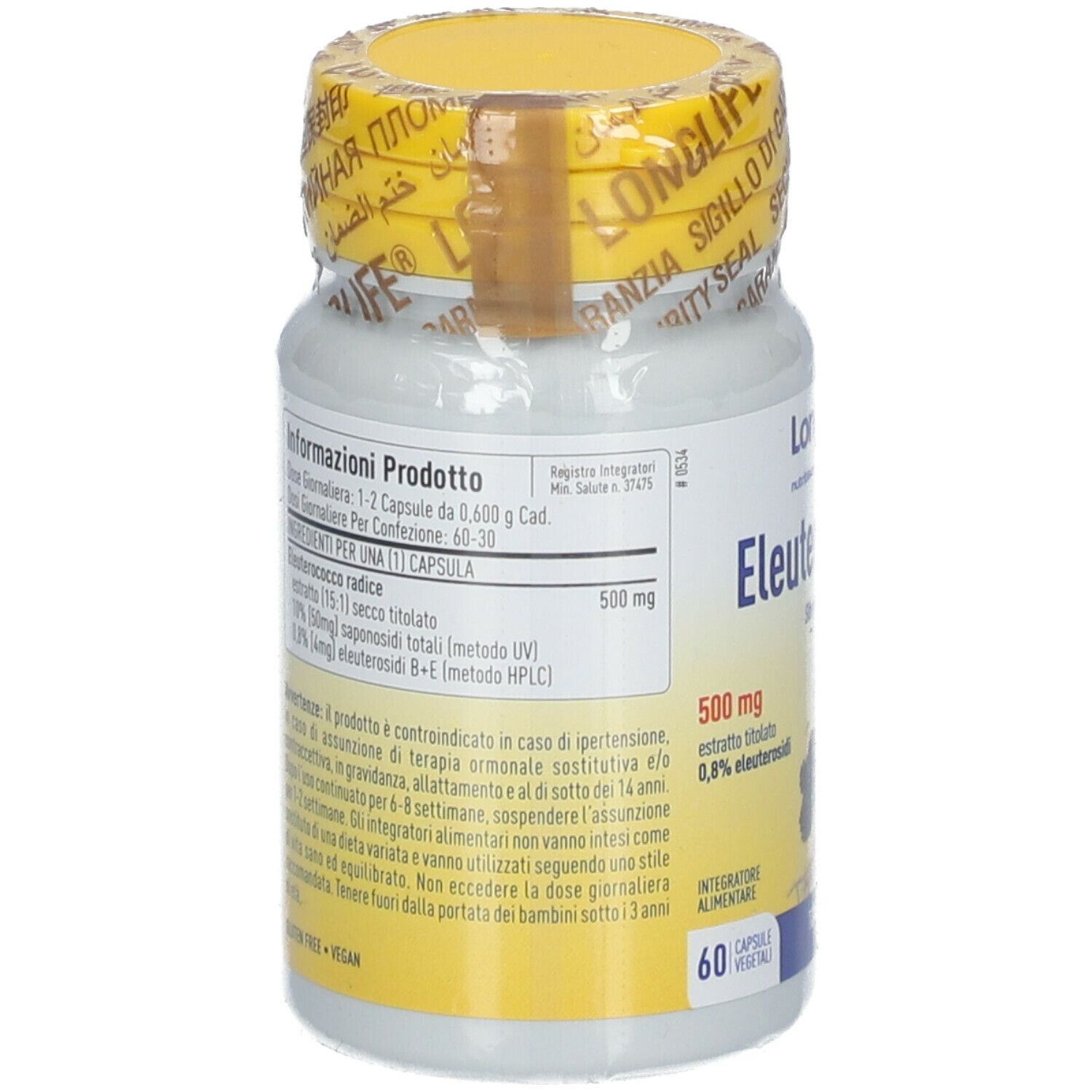 Flacone bianco con tappo e sigillo gialli. Scritta: LongLife Eleuterococco, 60 capsule. Testo sul retro.