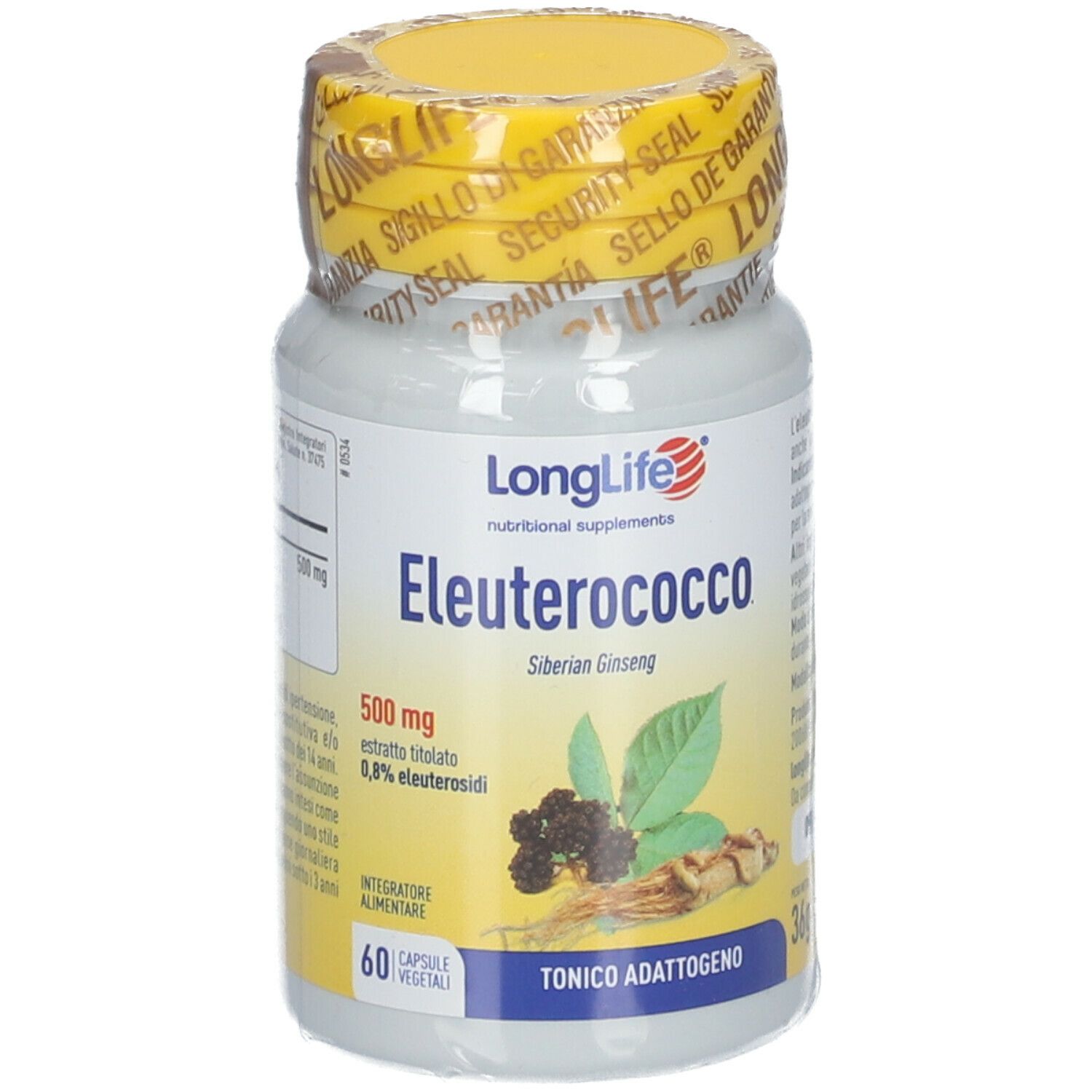 Flacone bianco con tappo e sigillo gialli. Scritta: LongLife Eleuterococco, 60 capsule. Illustrazione di foglie e bacche.