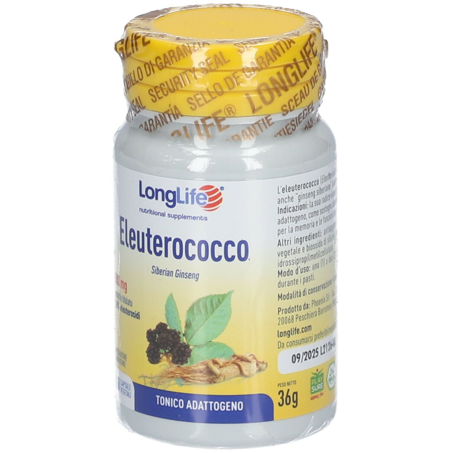 Flacone bianco con tappo e sigillo gialli. Scritta: LongLife Eleuterococco, 36g. Illustrazione di foglie e bacche.