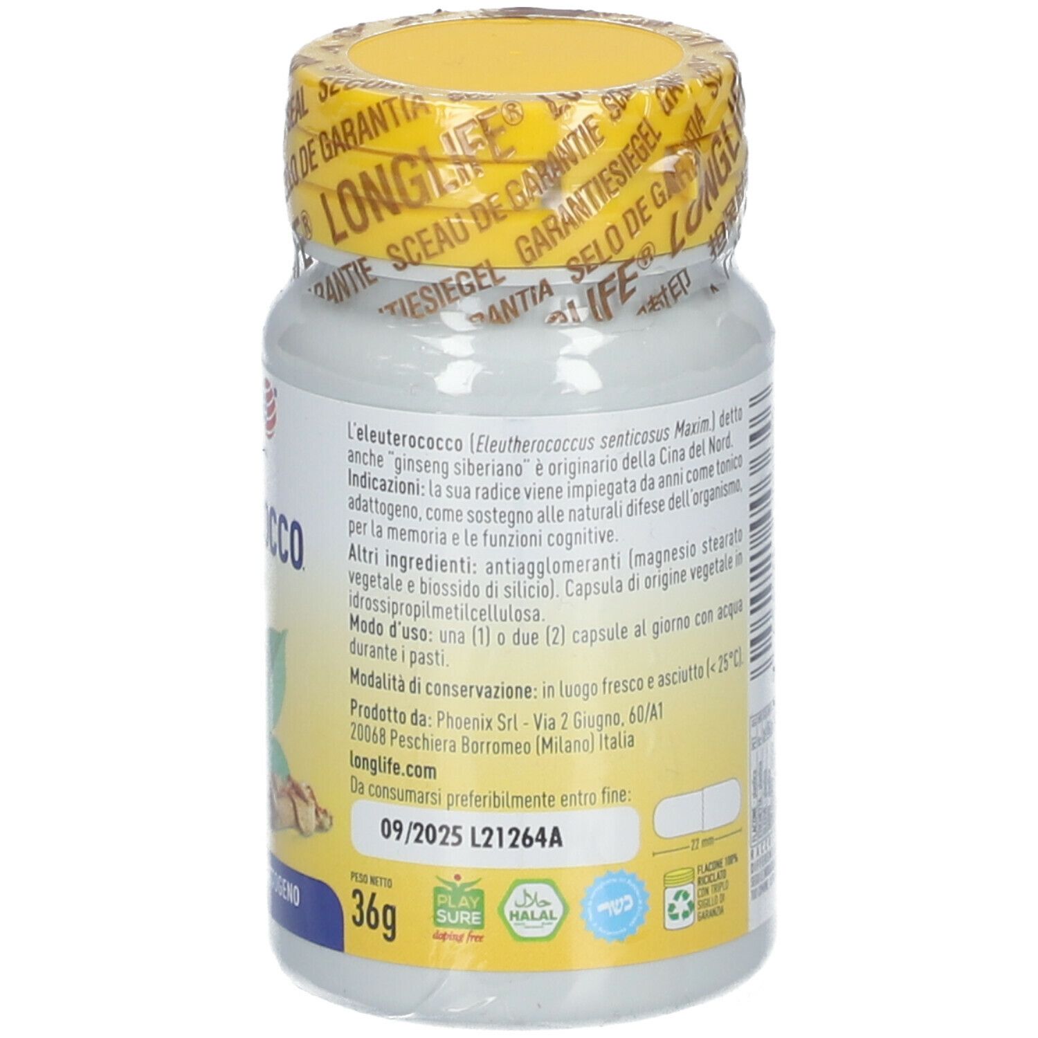 Retro di un flacone bianco con tappo e sigillo gialli. Testo e informazioni, 36g.