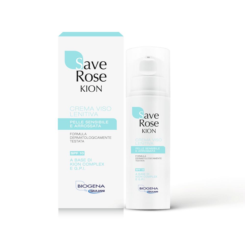 Flacone e scatola di crema. Scritto: Save Rose Kion, Crema Viso Lenitiva, Pelle Sensibile e Arrossata. Con Kion Complex.