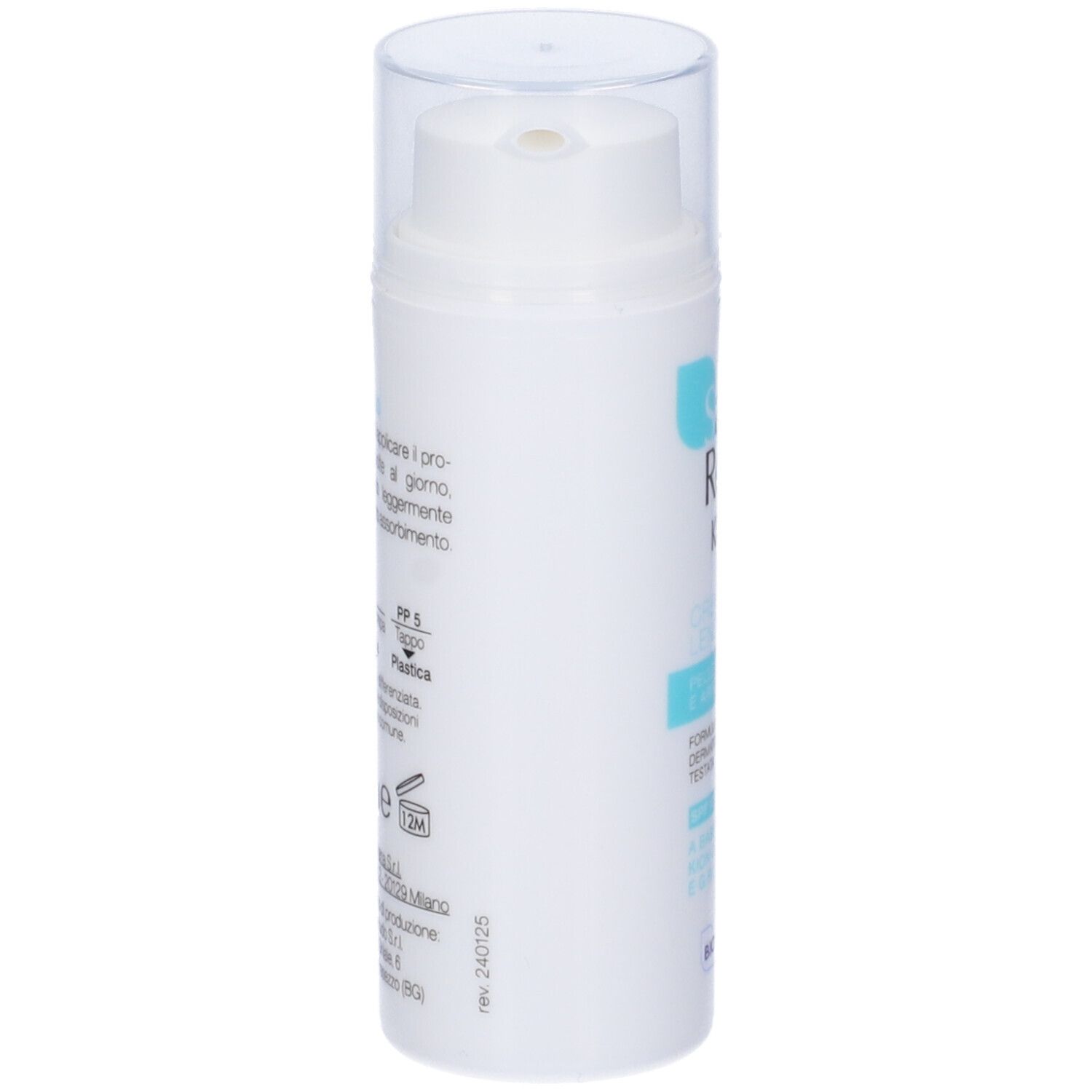 Flacone di crema, retro. Testo: istruzioni per l'uso, ingredienti, informazioni del produttore. 50 ml, simbolo 12M.