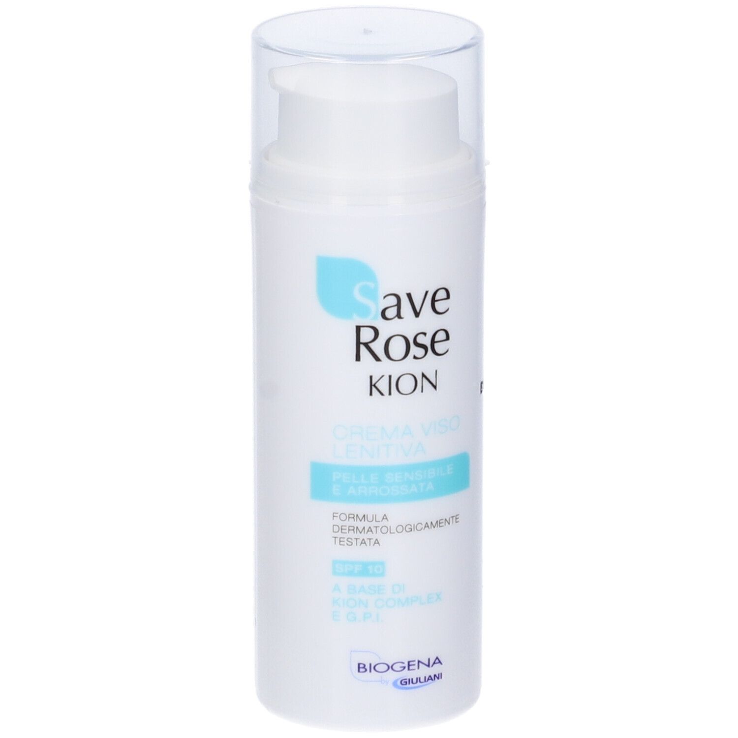 Flacone di crema bianco con coperchio trasparente. Scritto: Save Rose Kion, Crema Viso Lenitiva, Pelle Sensibile e Arrossata.