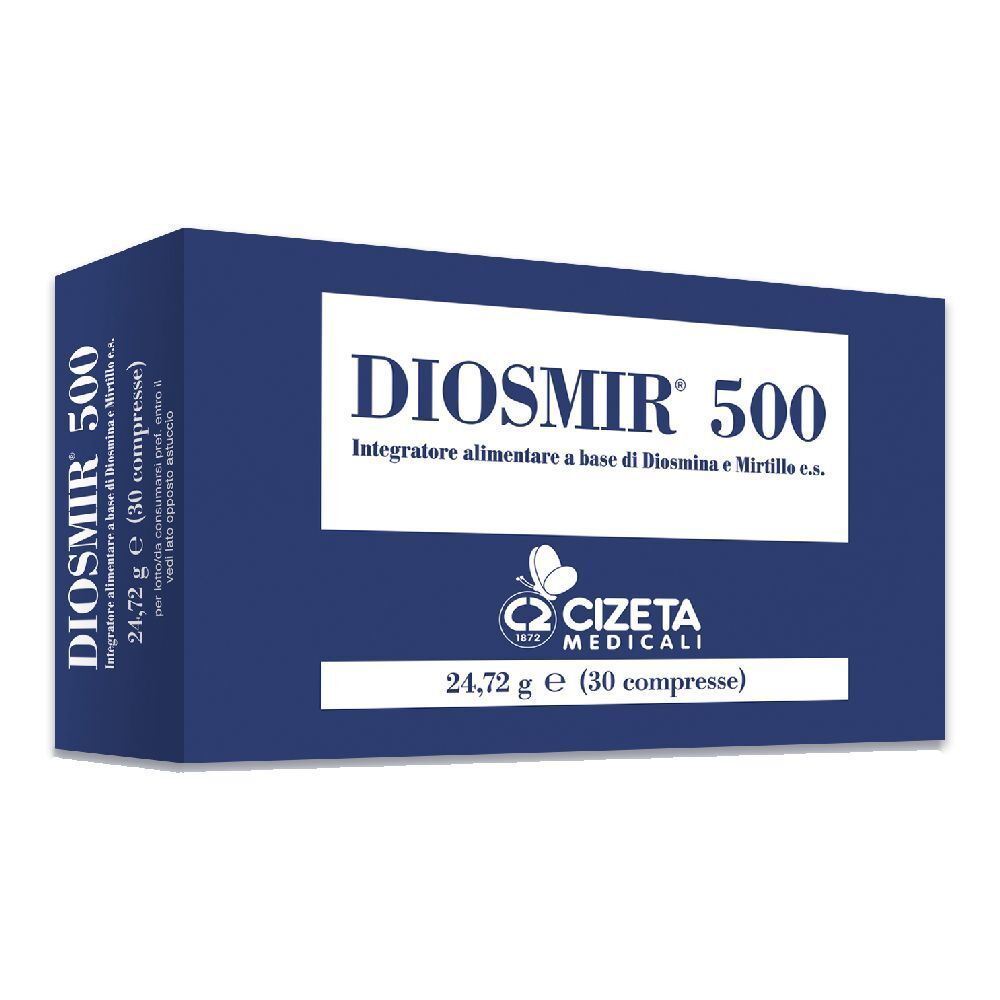 Scatola blu con testo bianco. 'DIOSMIR 500' e '30 compresse'. Logo Cizeta Medicali.