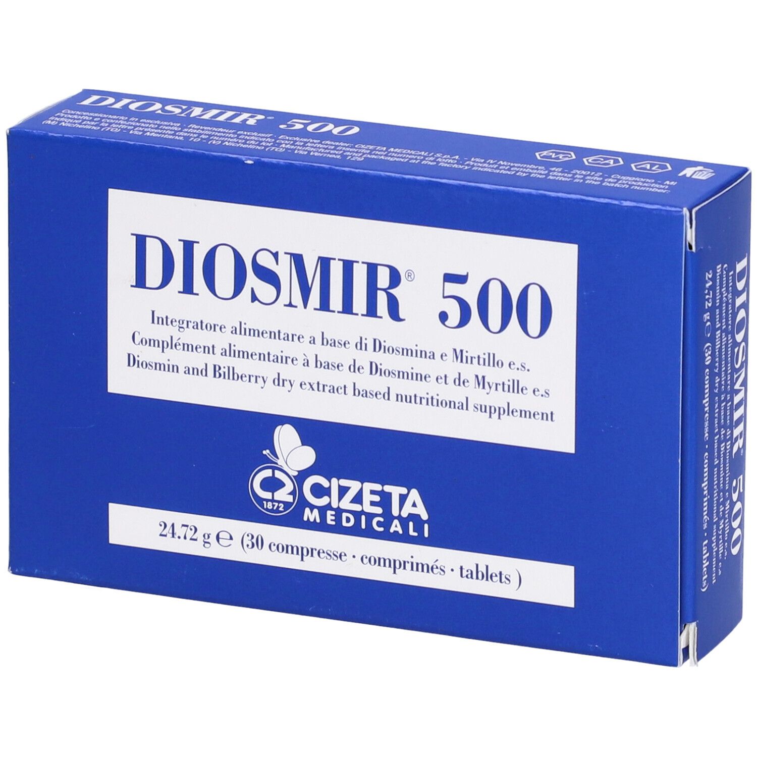 Scatola blu con testo bianco. 'DIOSMIR 500' e '30 compresse'. Logo Cizeta Medicali.