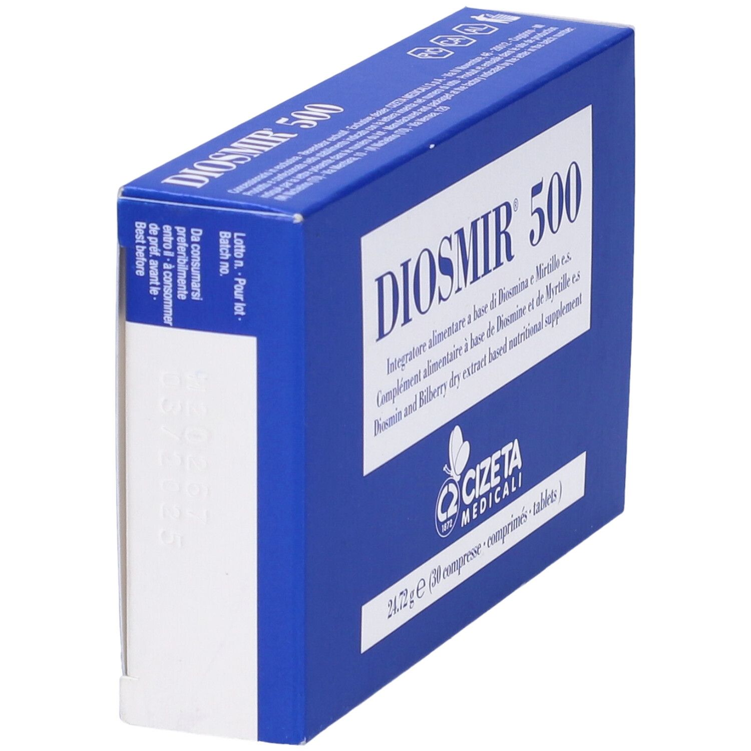 Scatola blu con testo bianco. 'DIOSMIR 500' e '30 compresse'. Logo Cizeta Medicali.