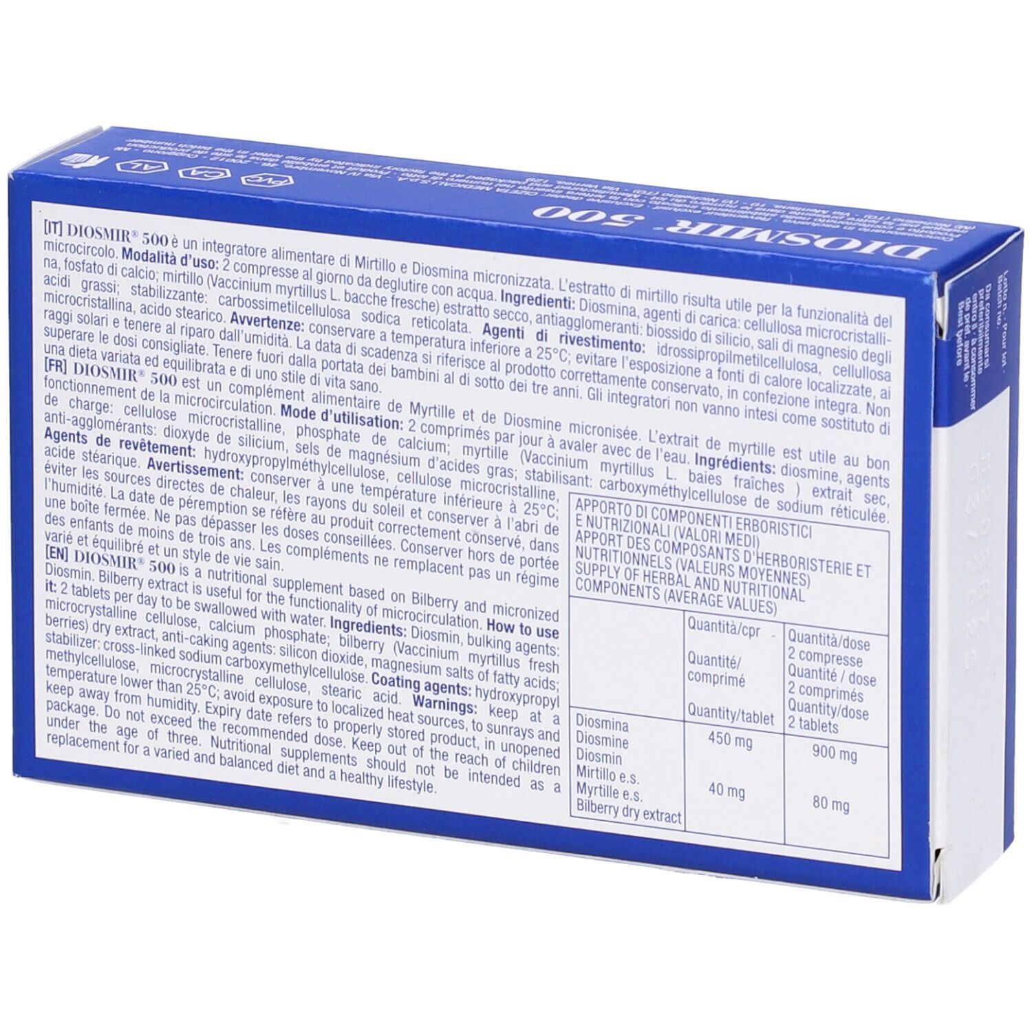 Scatola blu con testo bianco. 'DIOSMIR 500' e '30 compresse'. Logo Cizeta Medicali.