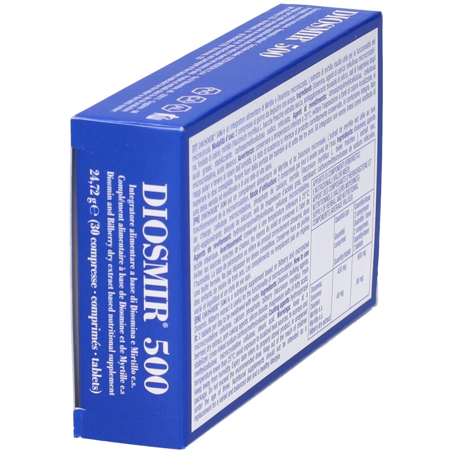 Scatola blu con testo bianco. 'DIOSMIR 500' e '30 compresse'. Logo Cizeta Medicali.