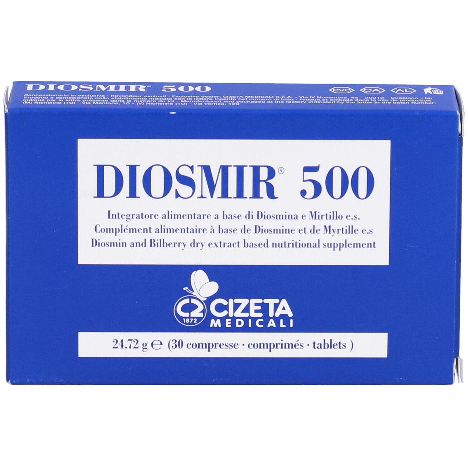 Scatola blu con testo bianco. 'DIOSMIR 500' e '30 compresse'. Logo Cizeta Medicali.