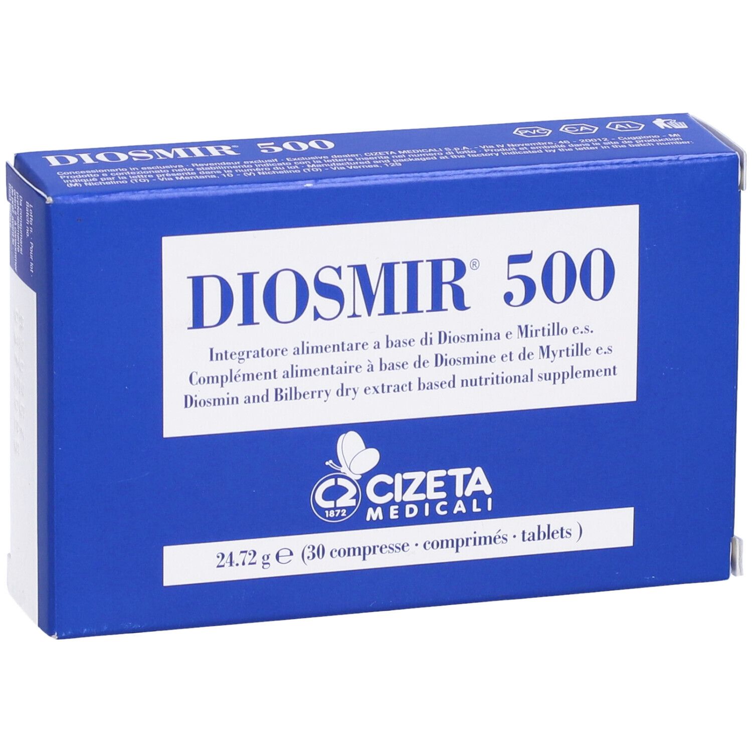 Scatola blu con testo bianco. 'DIOSMIR 500' e '30 compresse'. Logo Cizeta Medicali.