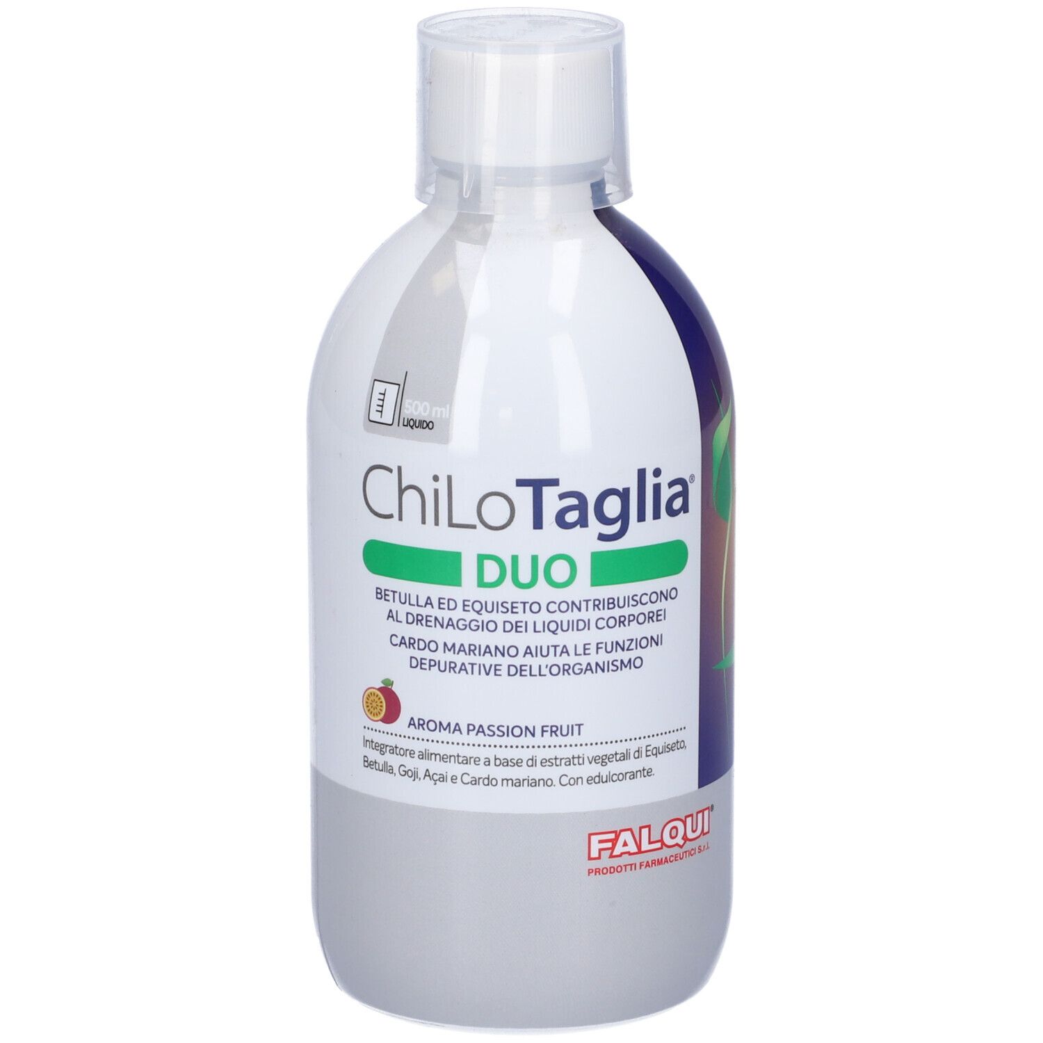 Bottiglia bianca con etichetta. Testo: ChiloTaglia Duo. Aroma frutto della passione. Logo Falqui. Illustrazione frutto della passione.