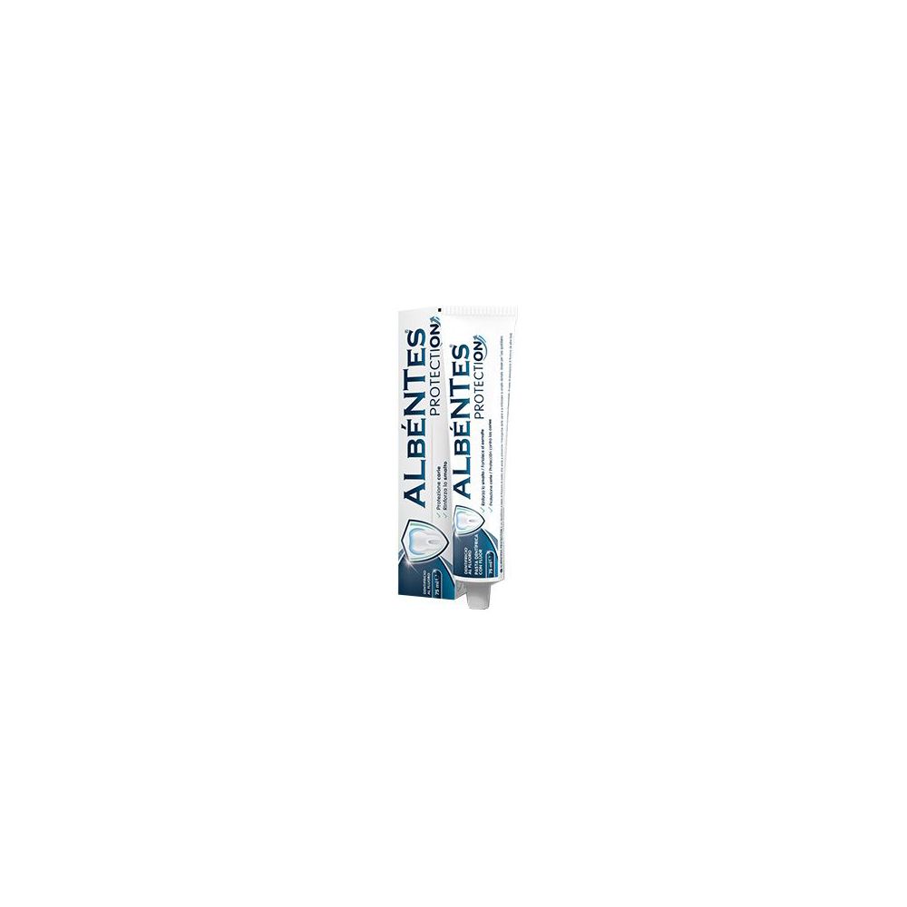 Tubo bianco con testo blu. Scritta: ALBENTES PROTECTION. Raffigurato uno scudo. Confezione del prodotto.