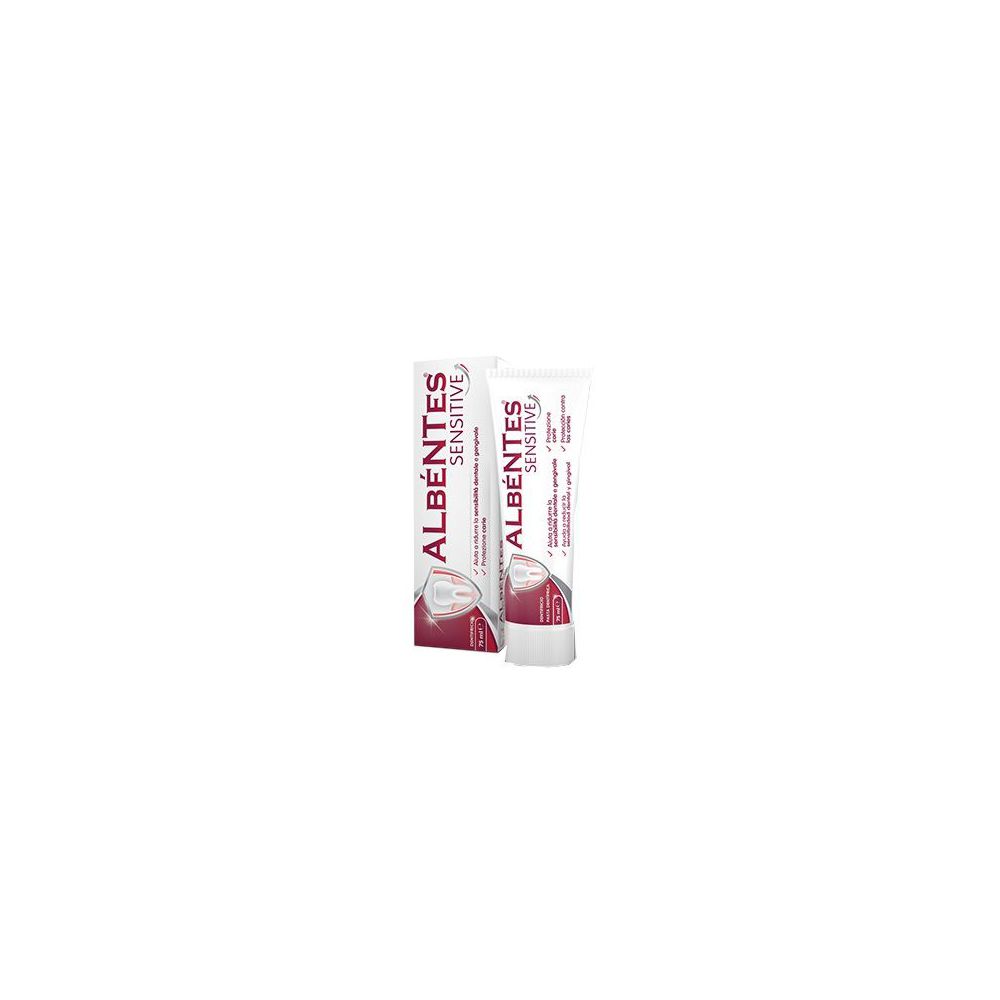 Tubo e confezione di dentifricio. Scritta: ALBÉNTES SENSITIVE. Colori rosso e bianco. Prodotto per denti sensibili.