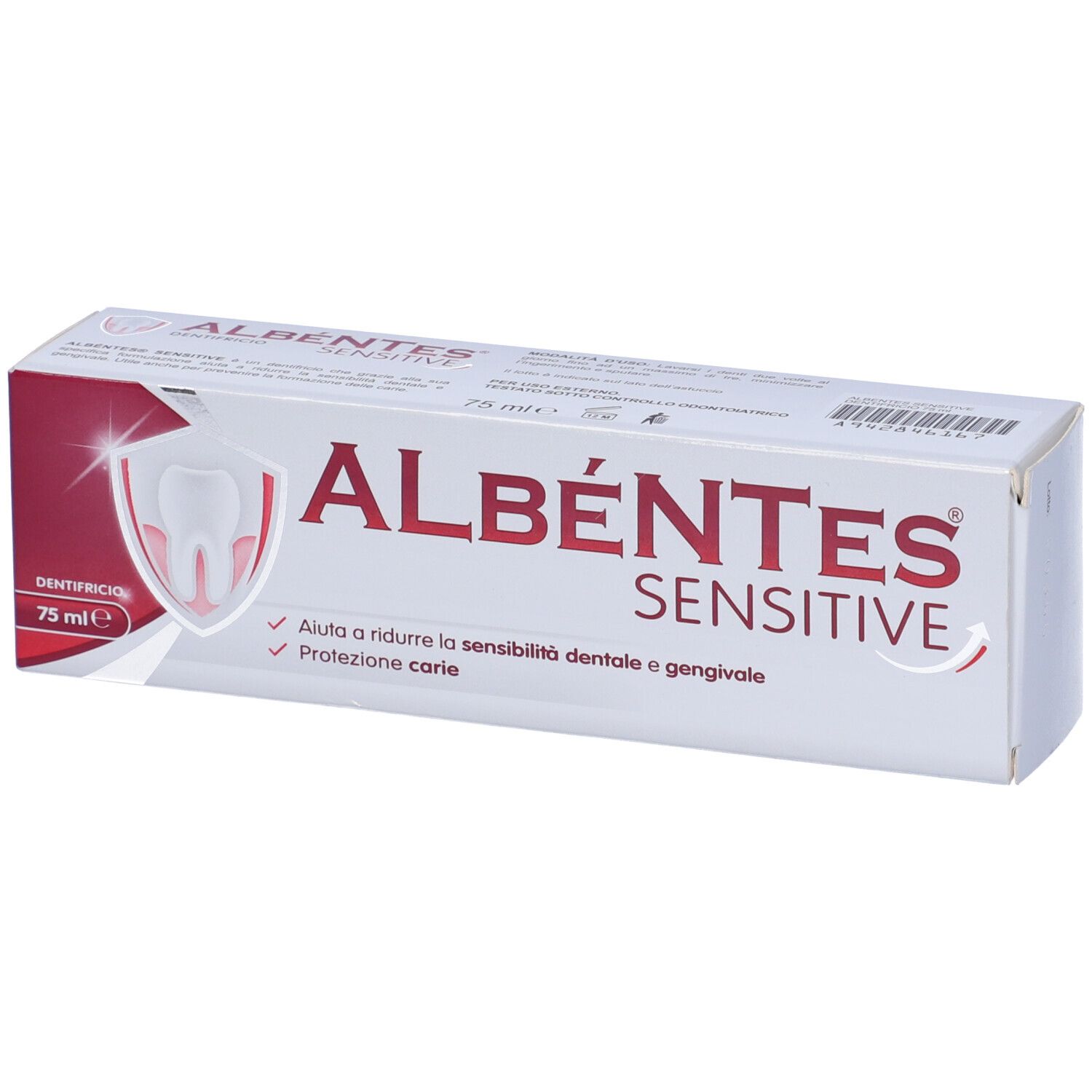 Confezione di dentifricio. Scritta: ALBÉNTES SENSITIVE. Bianco con accento rosso. Contiene 75 ml. Aiuta la sensibilità dentale.