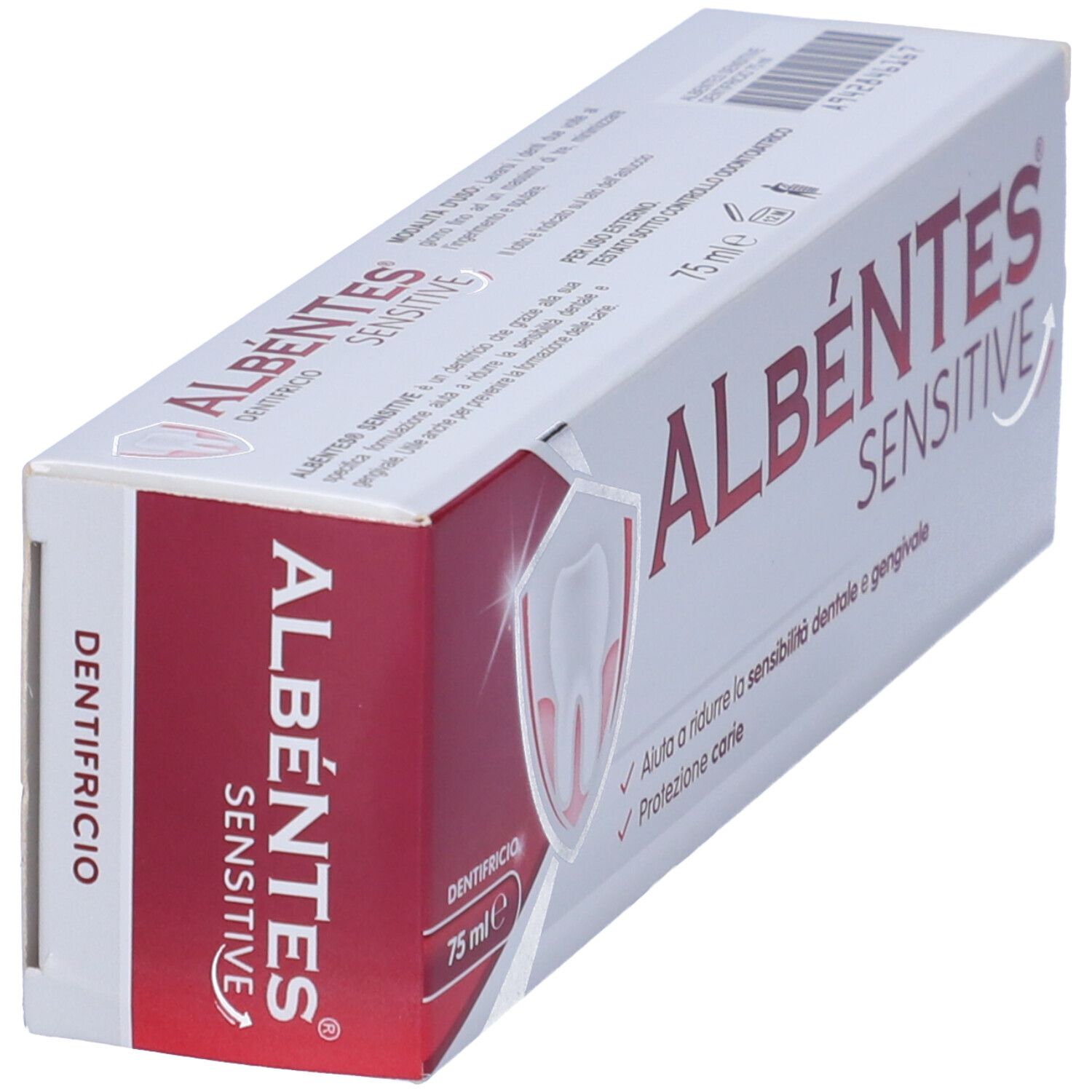 Confezione di dentifricio. Scritta: ALBÉNTES SENSITIVE. Bianco con accento rosso. Contiene 75 ml. Aiuta la sensibilità dentale.