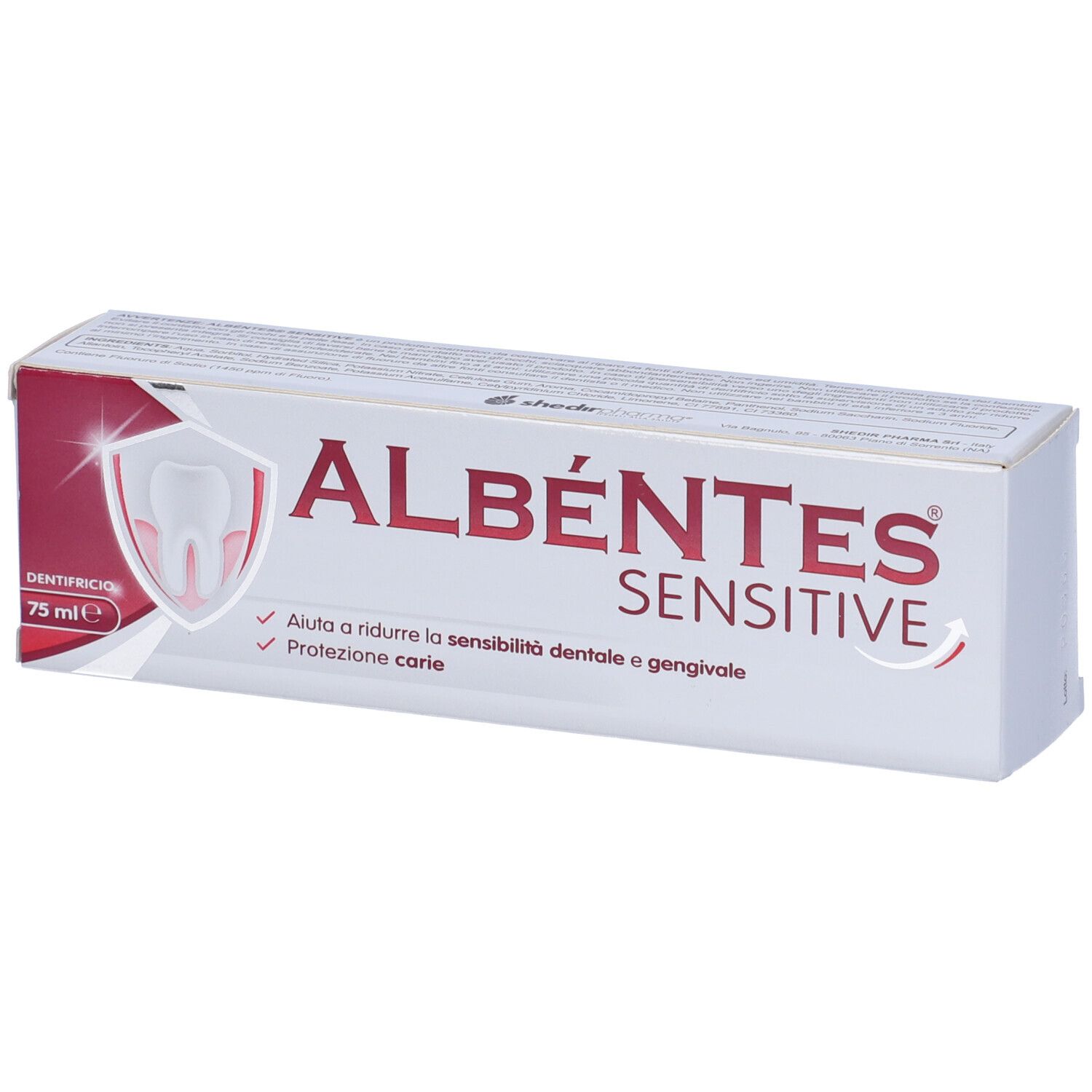 Confezione di dentifricio. Scritta: ALBÉNTES SENSITIVE. Bianco con accento rosso. Contiene 75 ml. Aiuta la sensibilità dentale.