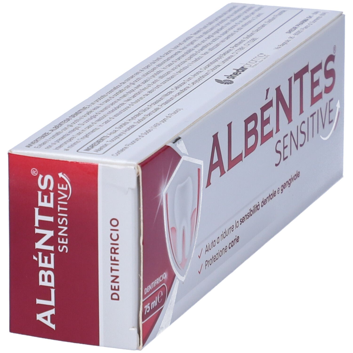 Confezione di dentifricio. Scritta: ALBÉNTES SENSITIVE. Bianco con accento rosso. Contiene 75 ml. Aiuta la sensibilità dentale.