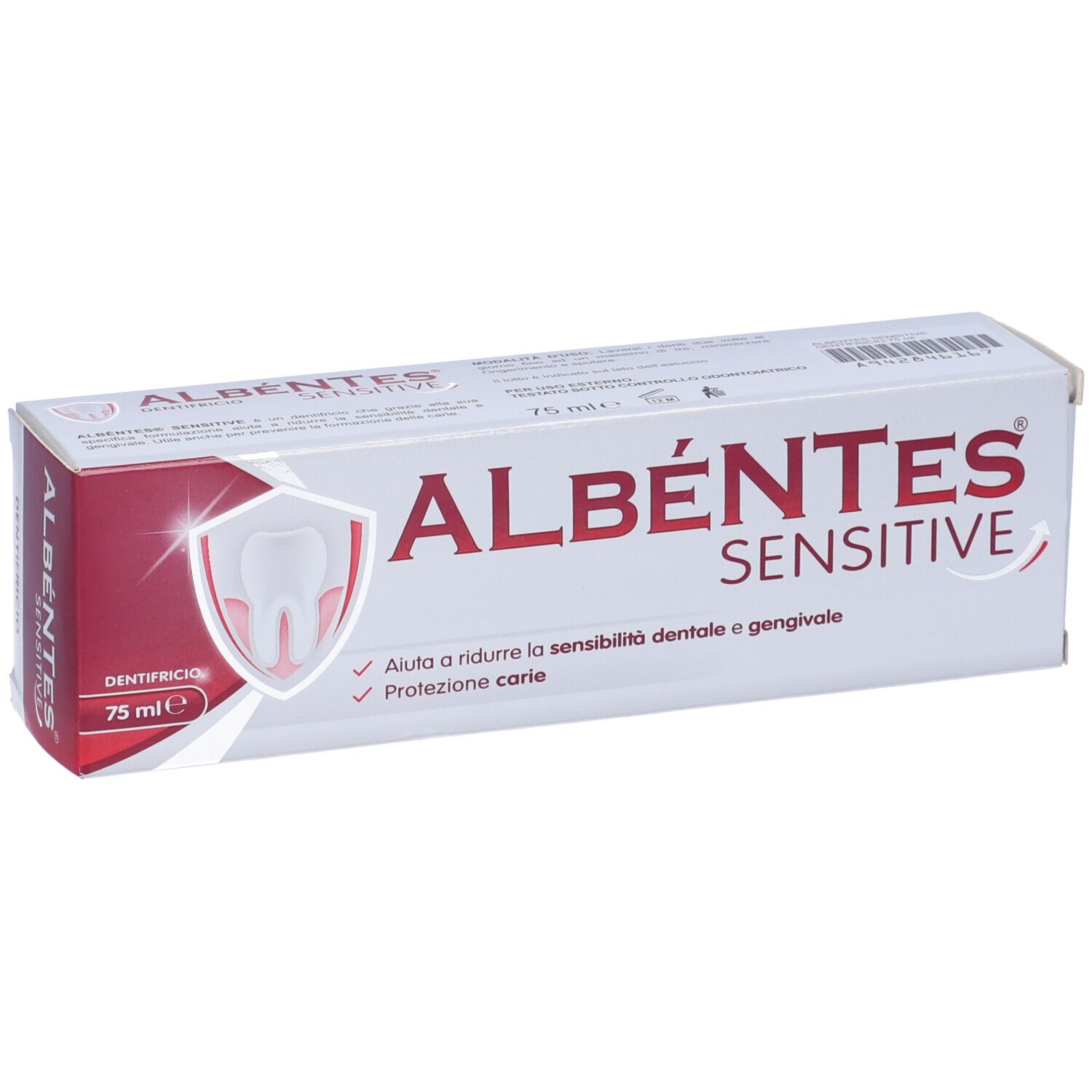 Confezione di dentifricio. Scritta: ALBÉNTES SENSITIVE. Bianco con accento rosso. Contiene 75 ml. Aiuta la sensibilità dentale.