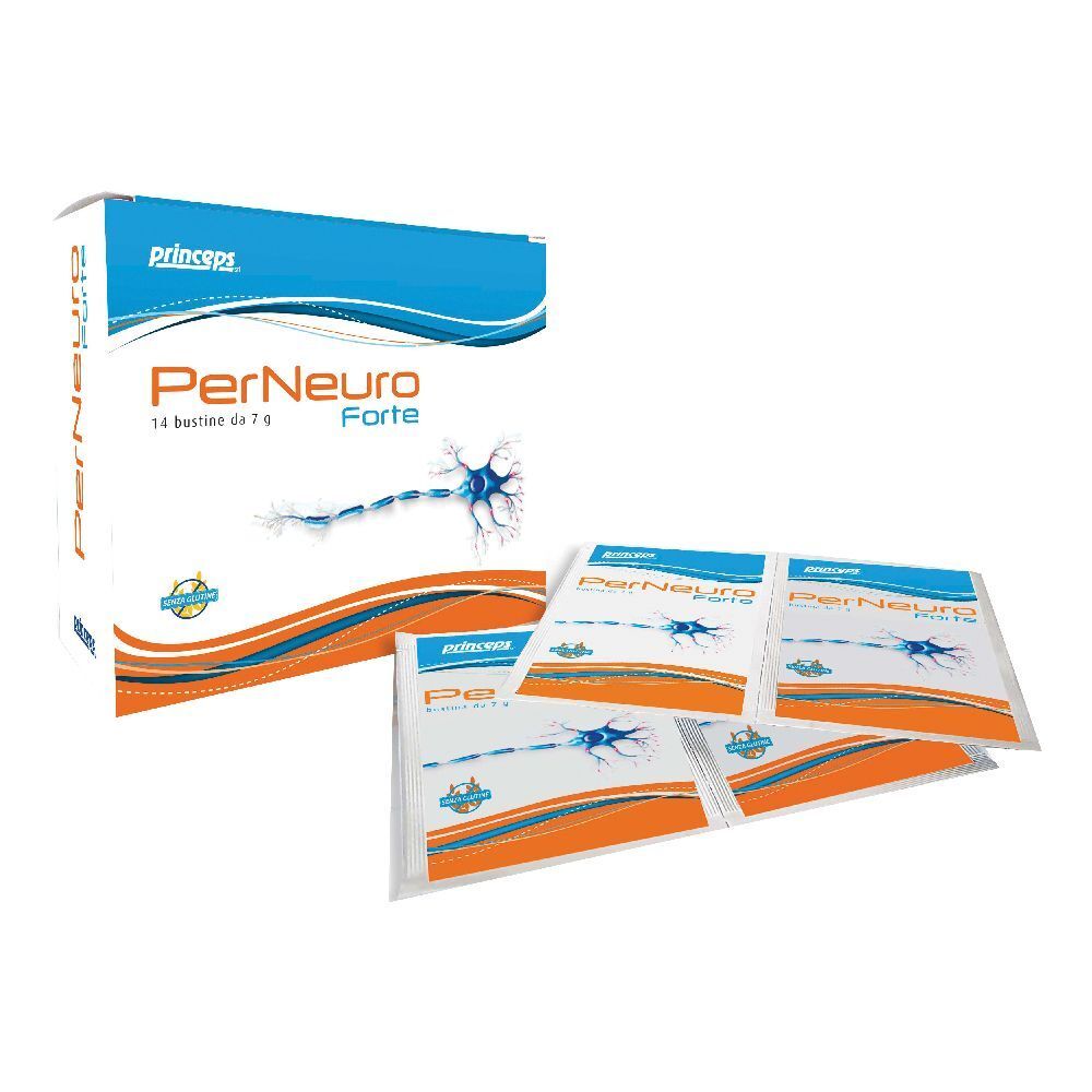 Schachtel und Beutel mit Produktaufdruck. Blaue und orangefarbene Elemente. Aufschrift: PerNeuro Forte, 14 Bustine da 7 g.