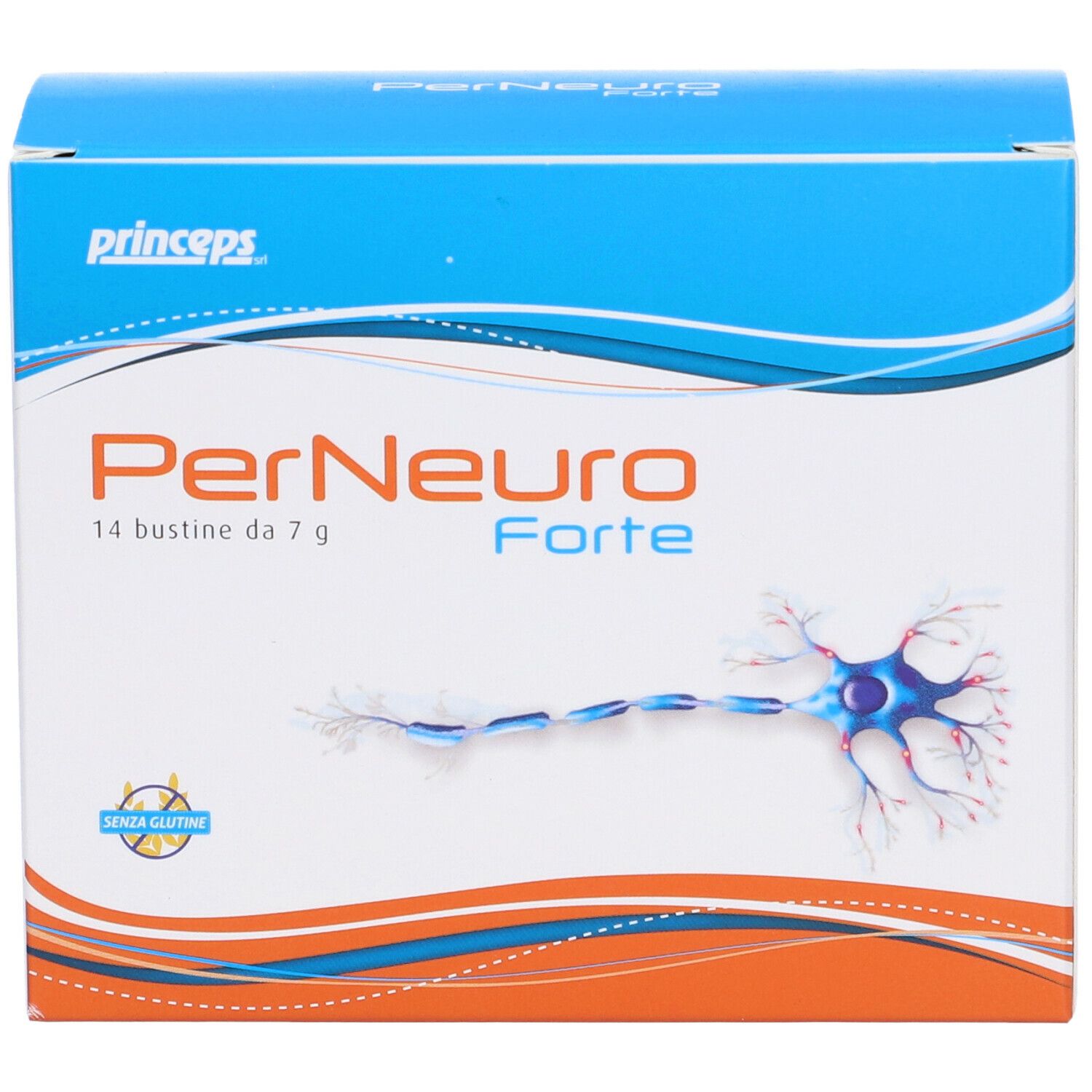 Produktverpackung mit blauen und orangefarbenen Elementen. Aufschrift: PerNeuro Forte, 14 bustine da 7 g. Glutenfrei-Siegel.