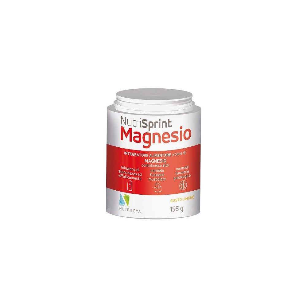 Barattolo bianco cilindrico con fascia rossa. Scritta: Nutrisprint Magnesio. 156 g.