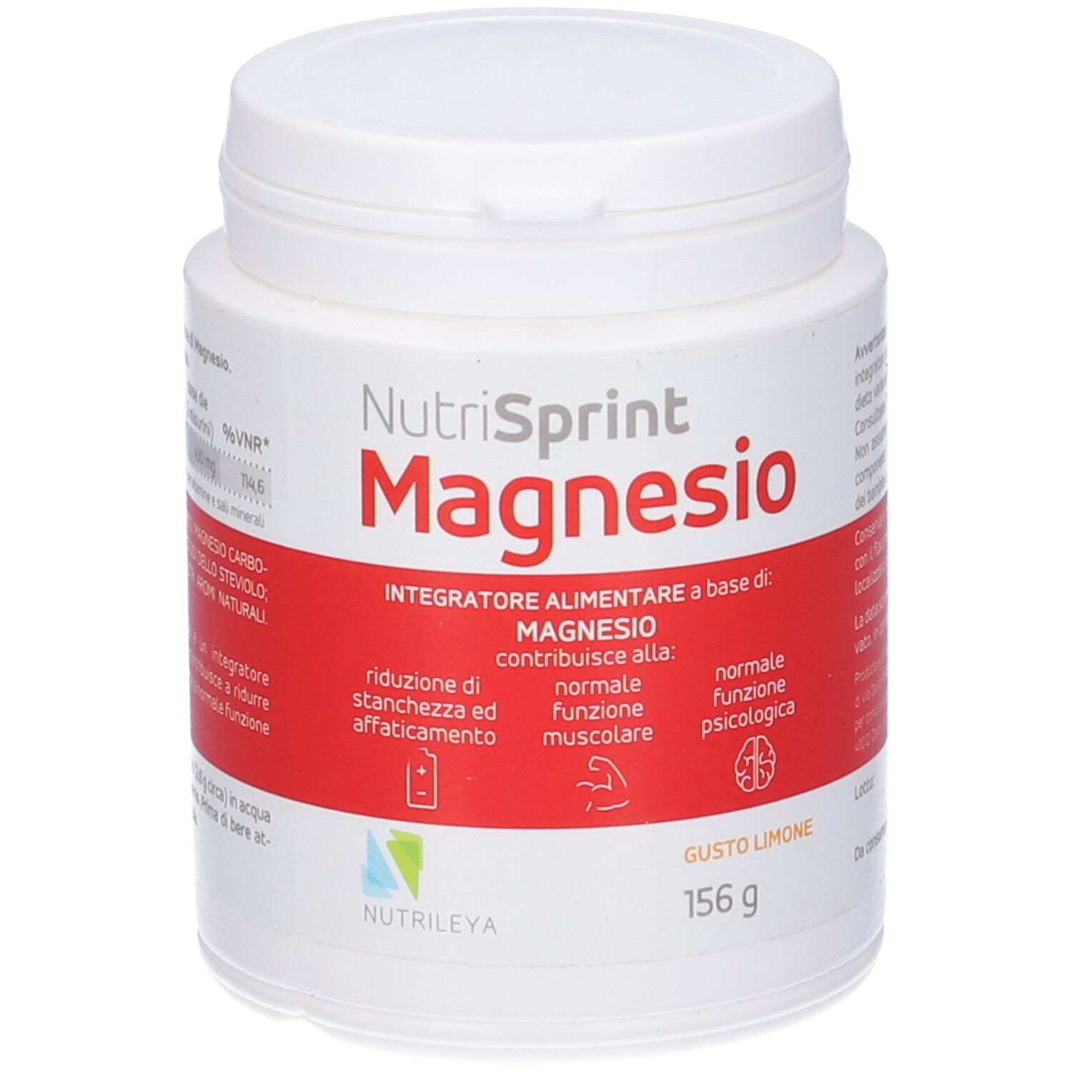 Barattolo bianco con fascia rossa. Scritta: Nutrisprint Magnesio, 156 g, Gusto Limone.