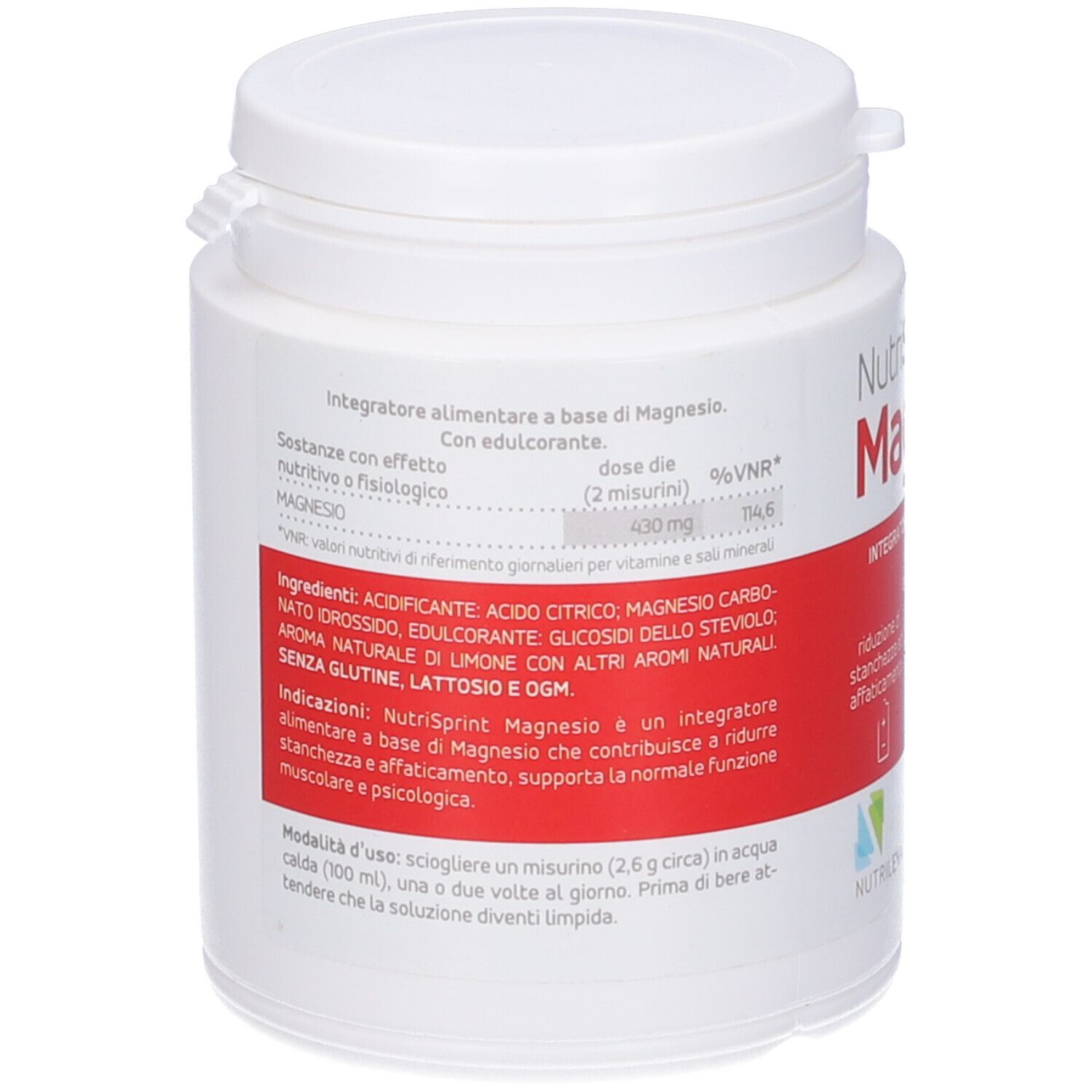 Barattolo bianco con fascia rossa. Testo: Ingredienti, dosaggio, %VNR. Scritta: Nutrisprint Magnesio.