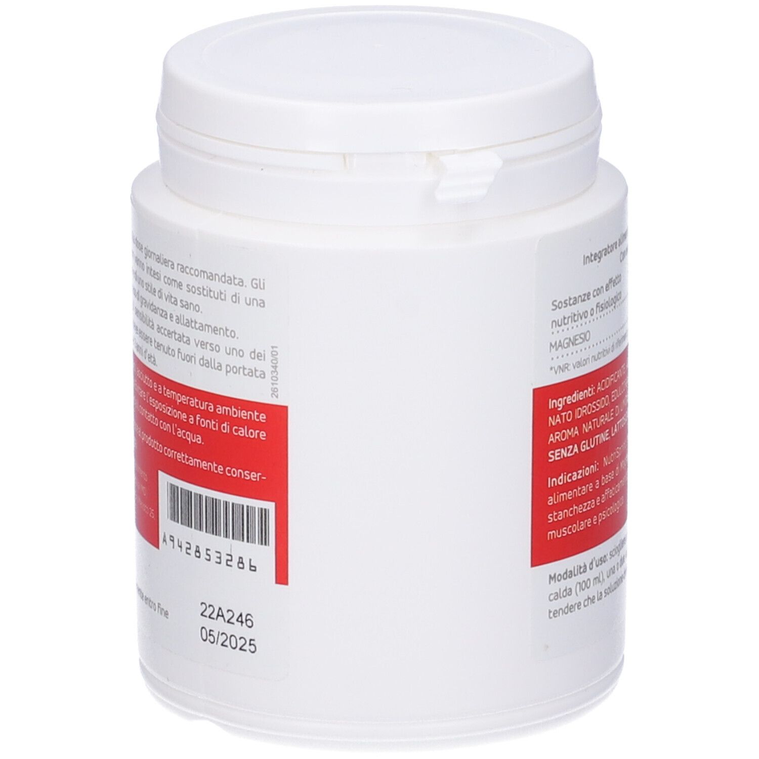 Barattolo bianco con fascia rossa. Testo: Numero di lotto, data di scadenza. Scritta: Nutrisprint Magnesio.