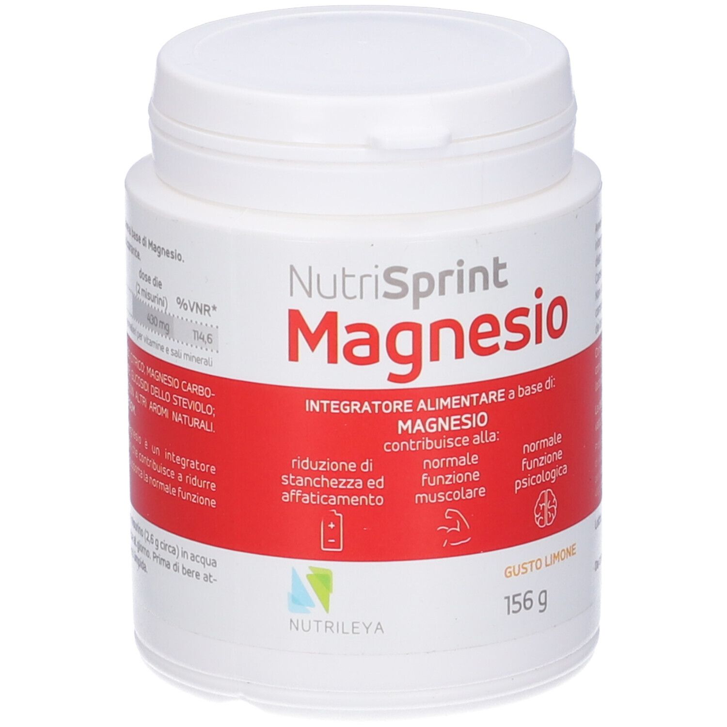 Barattolo bianco con fascia rossa. Scritta: Nutrisprint Magnesio, 156 g, Gusto Limone.
